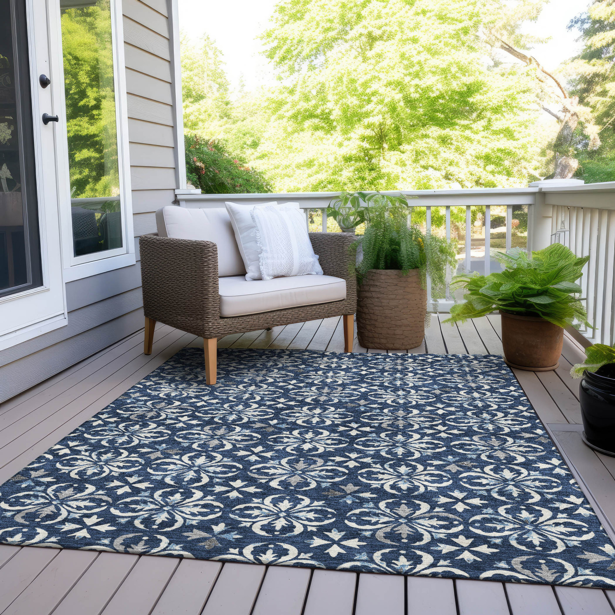 10' X 14' Navy Blue And Ivory Floral Washable Indoor Outdoor Area Rug - 1 - Sports & Outdoor