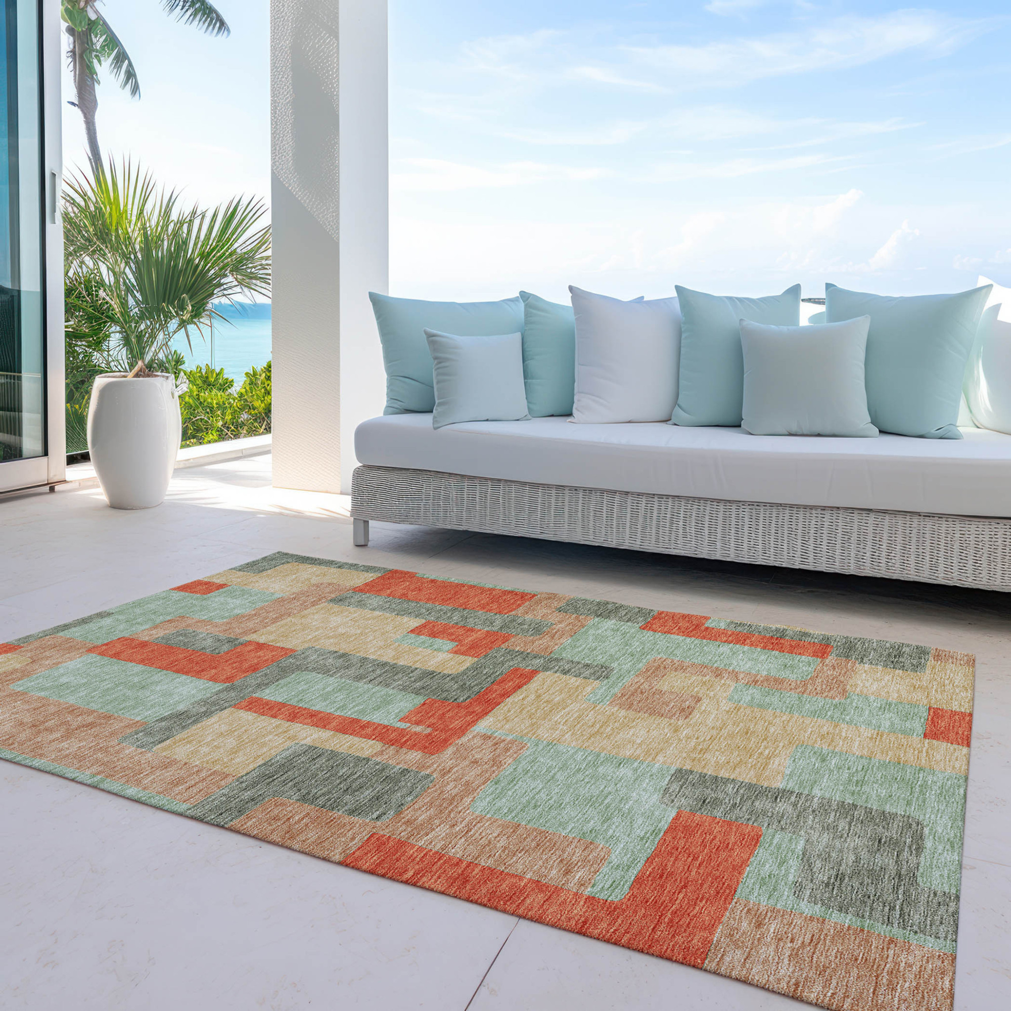10' X 14' Sage Gray And Orange Geometric Washable Indoor Outdoor Area Rug - 1 - Sports & Outdoor