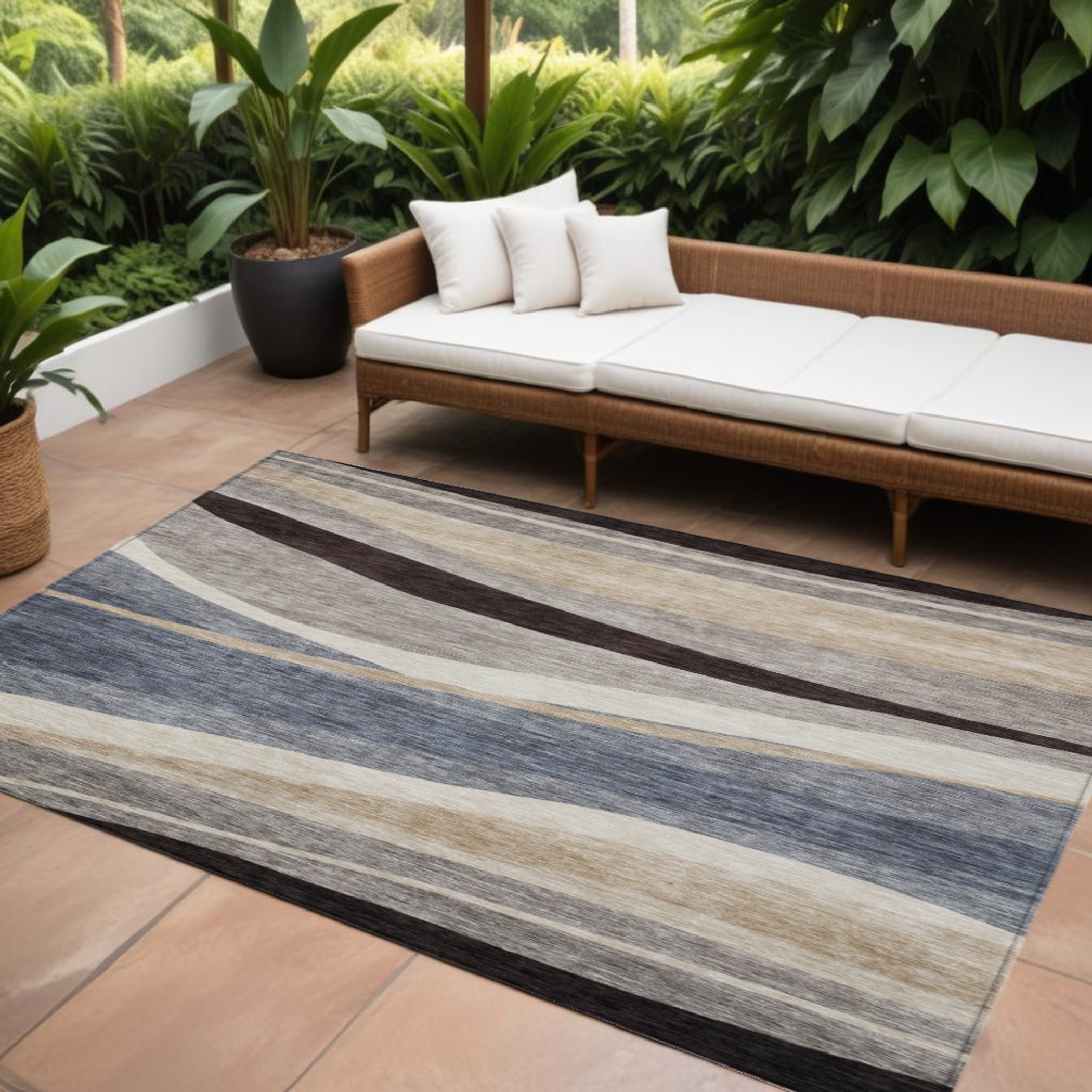 10' X 14' Blue Brown And Beige Abstract Washable Indoor Outdoor Area Rug - 1 - Sports & Outdoor
