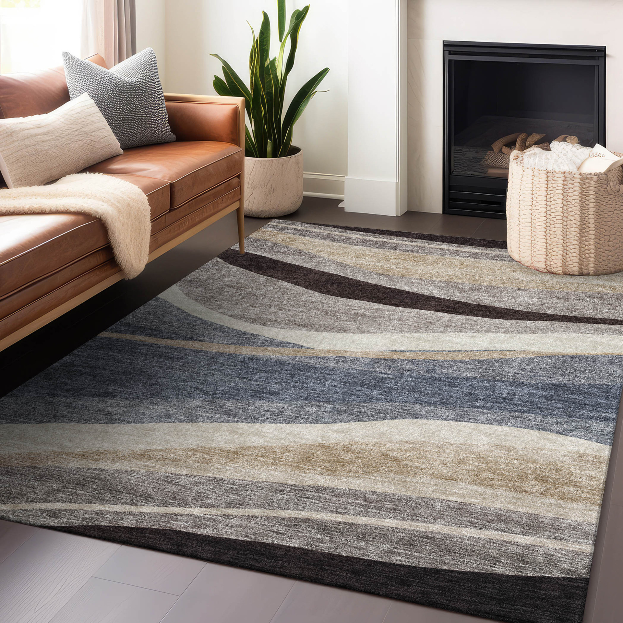 10' X 14' Blue Brown And Beige Abstract Washable Indoor Outdoor Area Rug - 1 - Sports & Outdoor