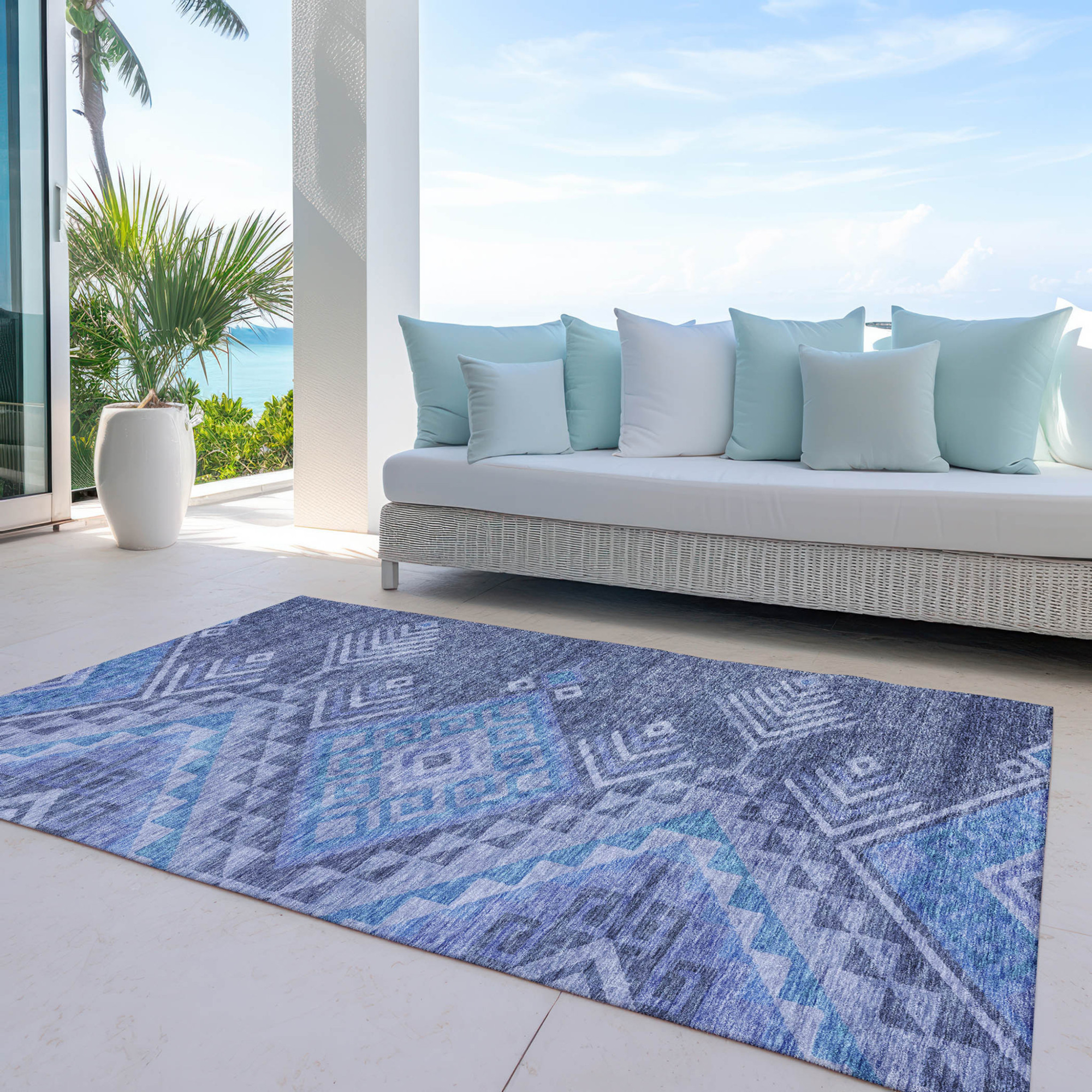 10' X 14' Navy Blue Charcoal And Gray Southwestern Washable Indoor Outdoor Area Rug - 1 - Sports & Outdoor