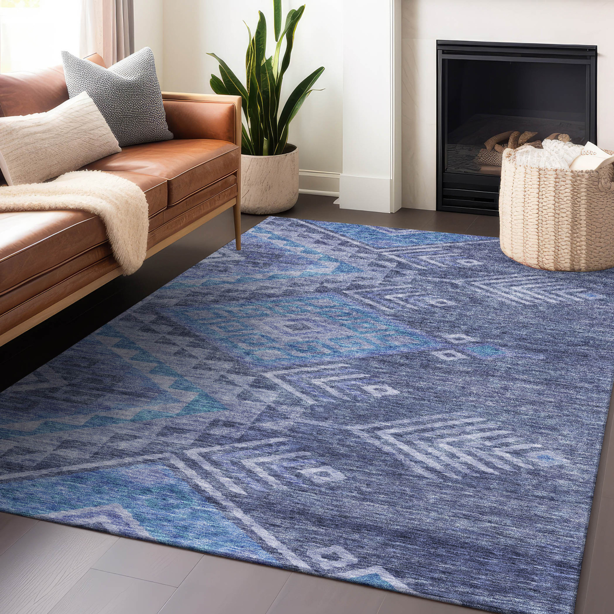 10' X 14' Navy Blue Charcoal And Gray Southwestern Washable Indoor Outdoor Area Rug - 1 - Sports & Outdoor