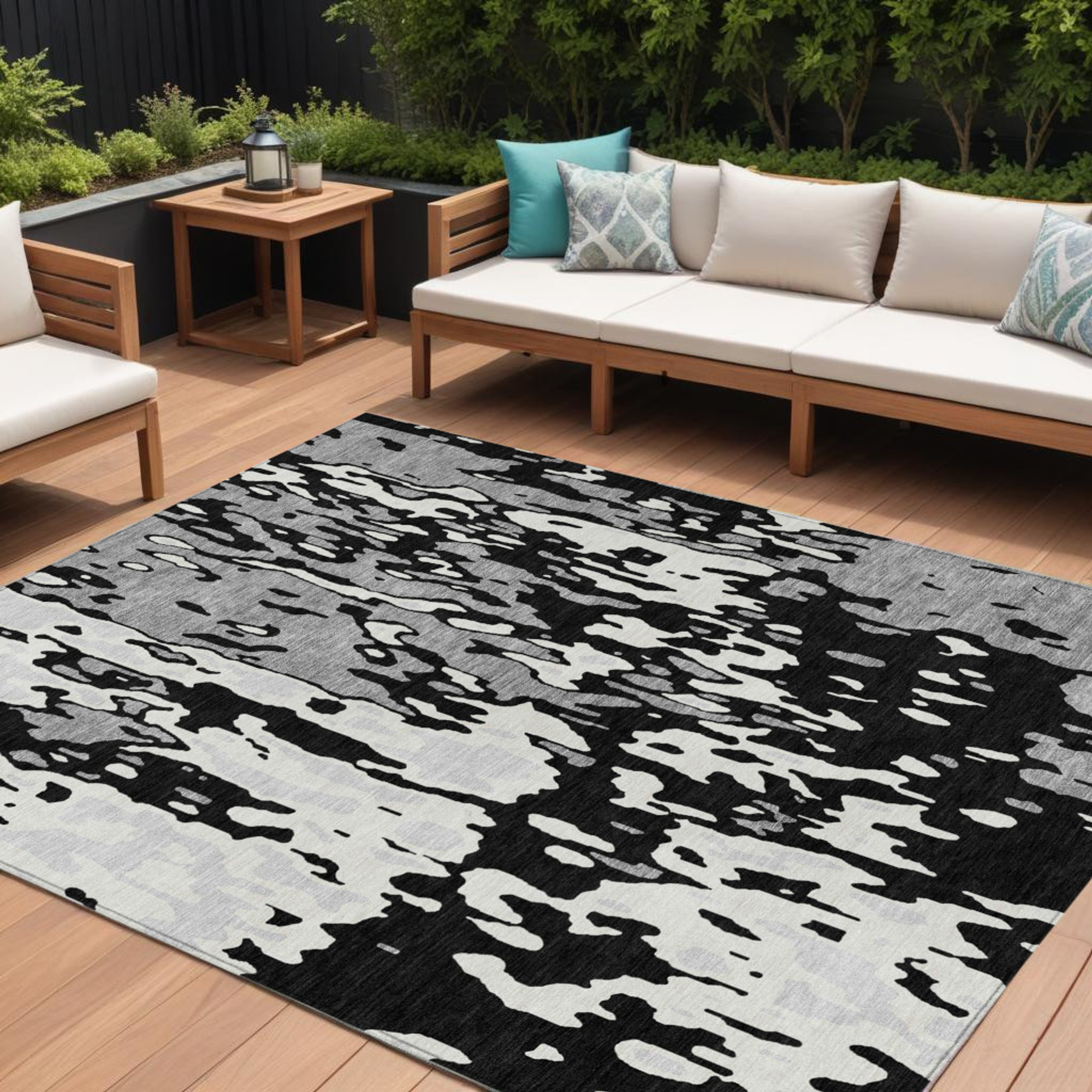 10' X 14' Black And Ivory Abstract Washable Indoor Outdoor Area Rug - 1 - Sports & Outdoor
