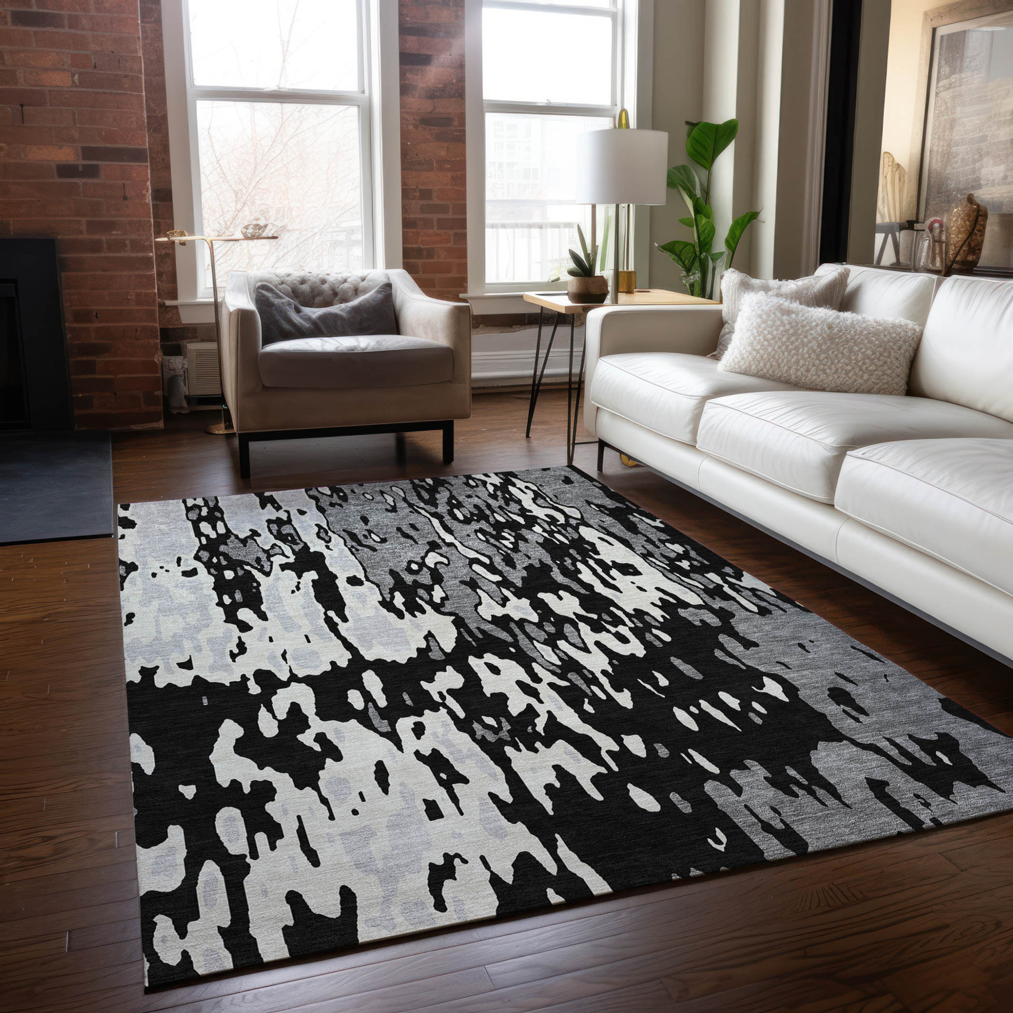 10' X 14' Black And Ivory Abstract Washable Indoor Outdoor Area Rug - 1 - Sports & Outdoor