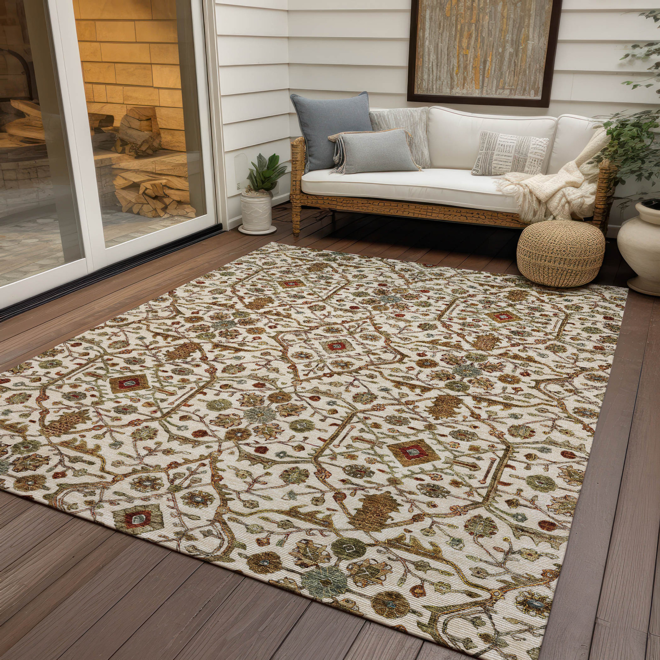 10' X 14' Ivory Brown And Red Floral Washable Indoor Outdoor Area Rug - 1 - Sports & Outdoor