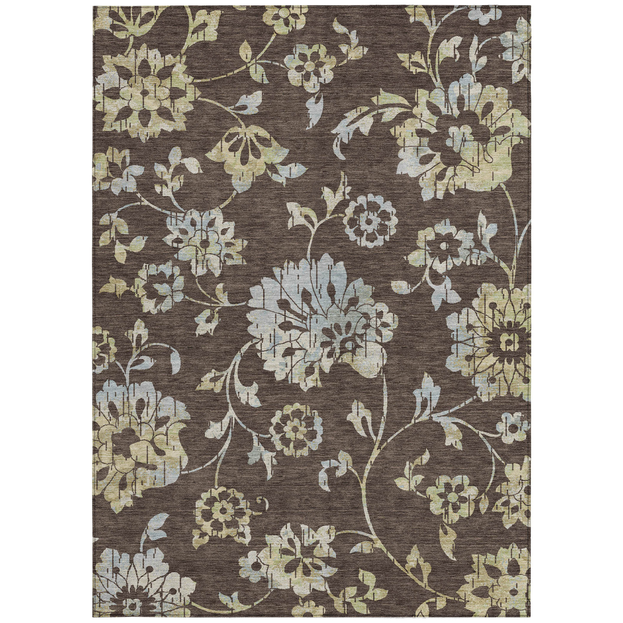 10' X 14' Chocolate Sky Blue And Artichoke Green Floral Washable Indoor Outdoor Area Rug - 1 - Sports & Outdoor