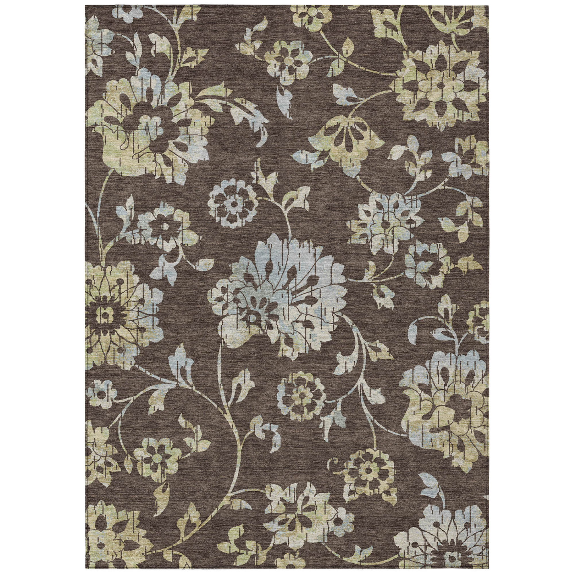 10' X 14' Chocolate Sky Blue And Artichoke Green Floral Washable Indoor Outdoor Area Rug - 1 - Sports & Outdoor