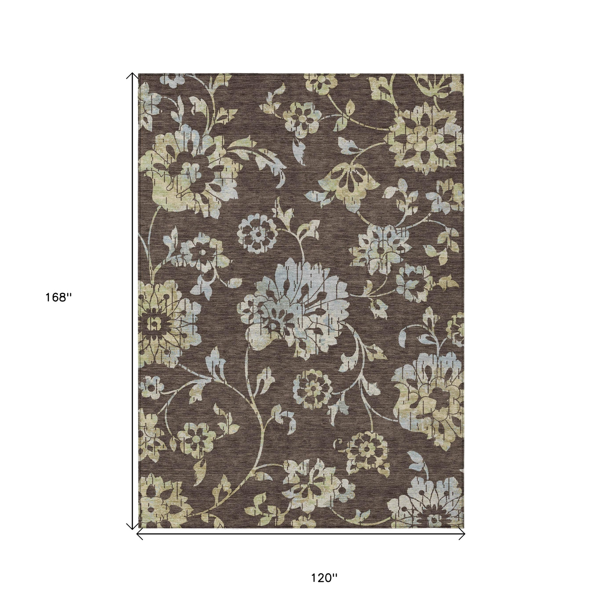 10' X 14' Chocolate Sky Blue And Artichoke Green Floral Washable Indoor Outdoor Area Rug - 1 - Sports & Outdoor