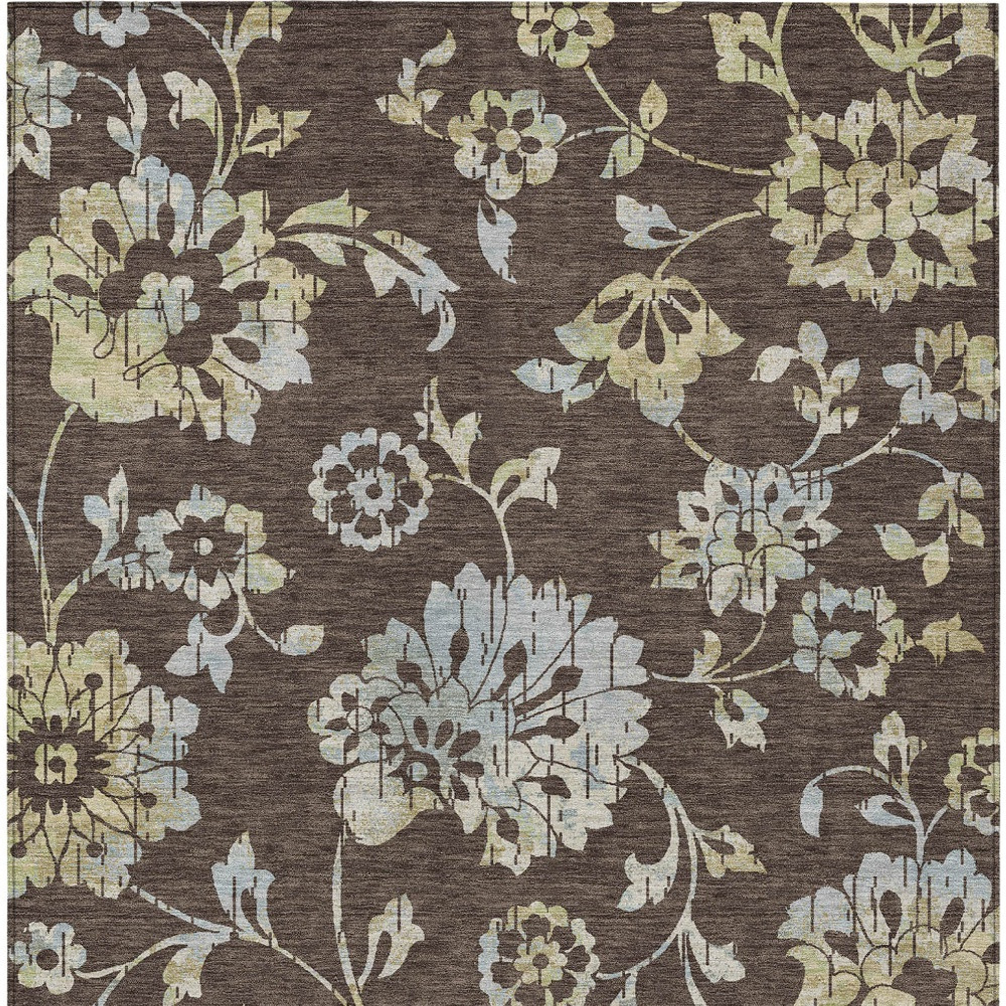 10' X 14' Chocolate Sky Blue And Artichoke Green Floral Washable Indoor Outdoor Area Rug - 1 - Sports & Outdoor