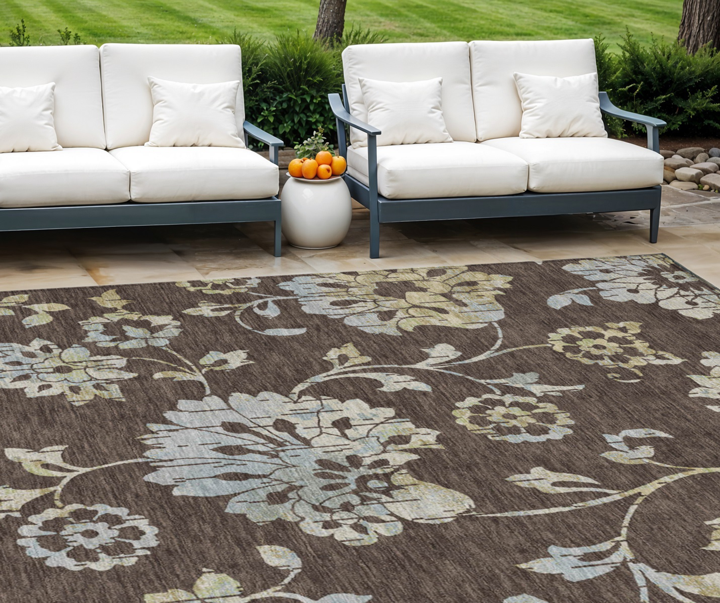 10' X 14' Chocolate Sky Blue And Artichoke Green Floral Washable Indoor Outdoor Area Rug - 1 - Sports & Outdoor