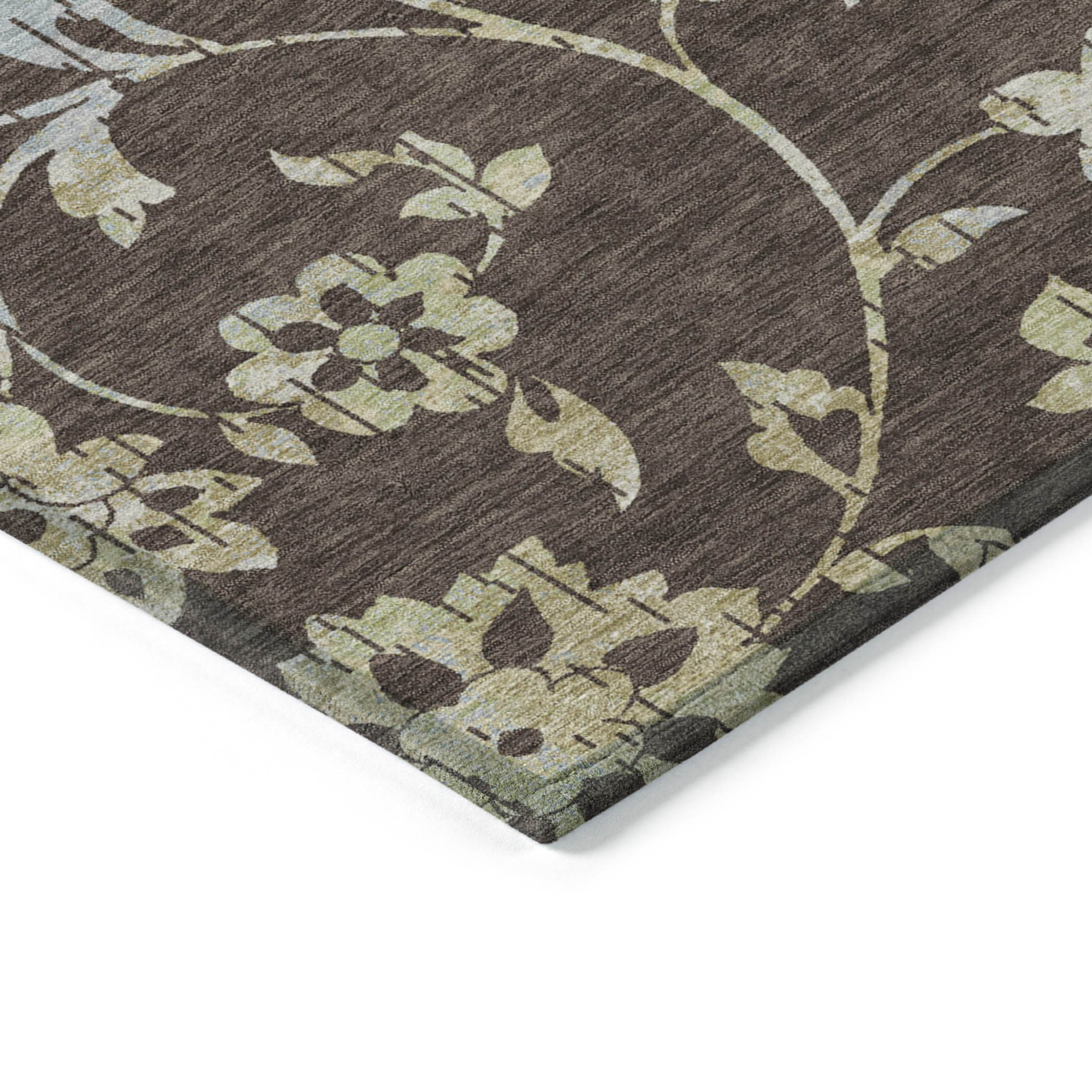 10' X 14' Chocolate Sky Blue And Artichoke Green Floral Washable Indoor Outdoor Area Rug - 1 - Sports & Outdoor