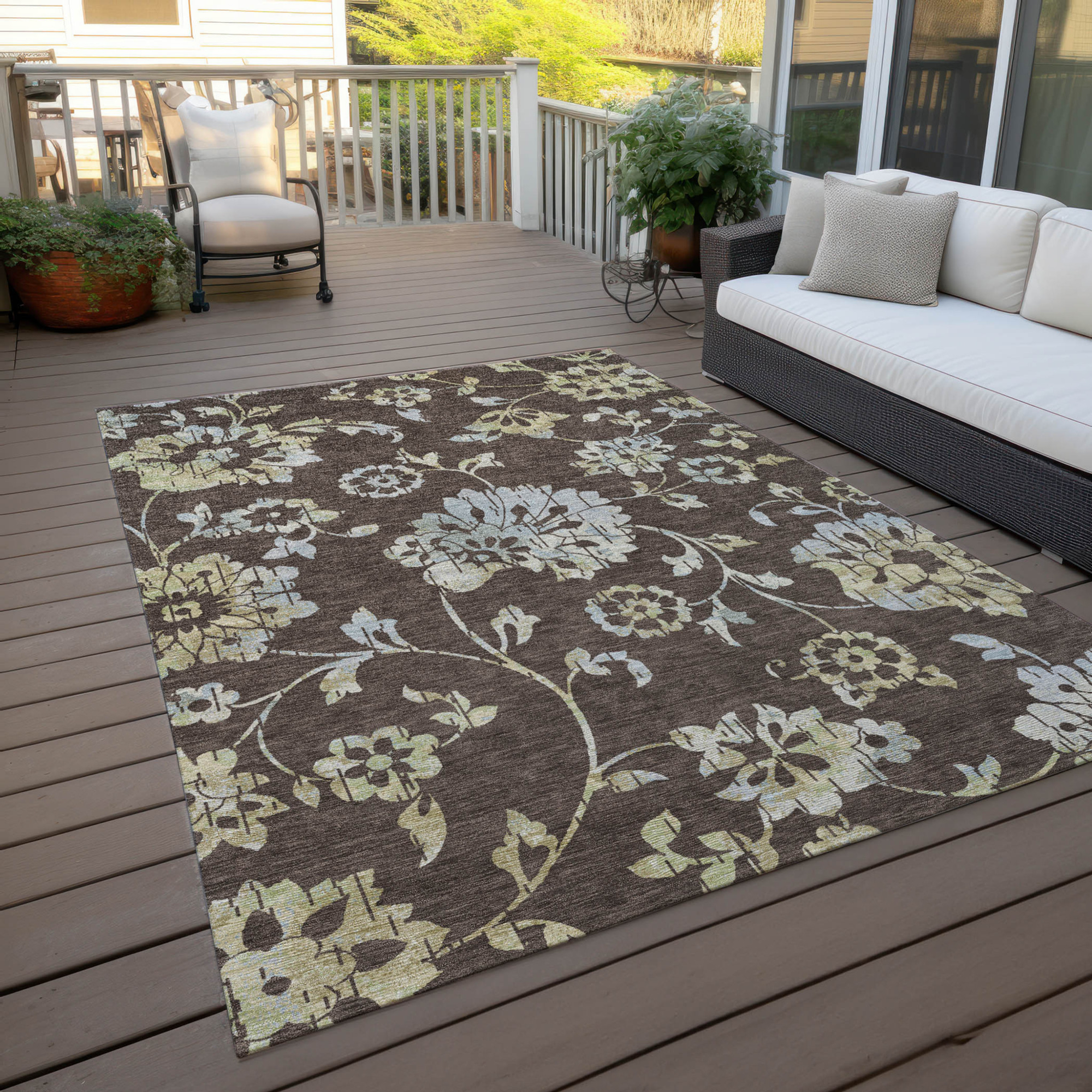 10' X 14' Chocolate Sky Blue And Artichoke Green Floral Washable Indoor Outdoor Area Rug - 1 - Sports & Outdoor