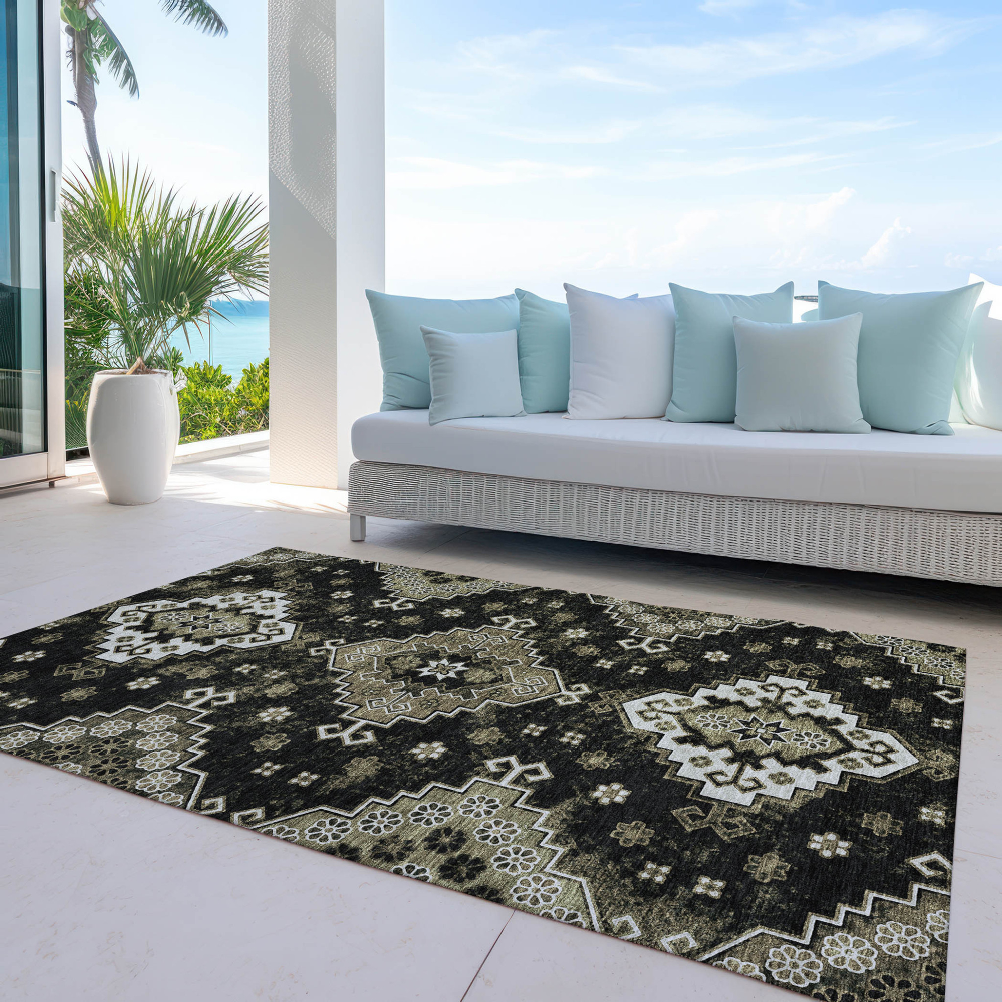 10' X 14' Black Ivory And Taupe Medallion Washable Indoor Outdoor Area Rug - 1 - Sports & Outdoor