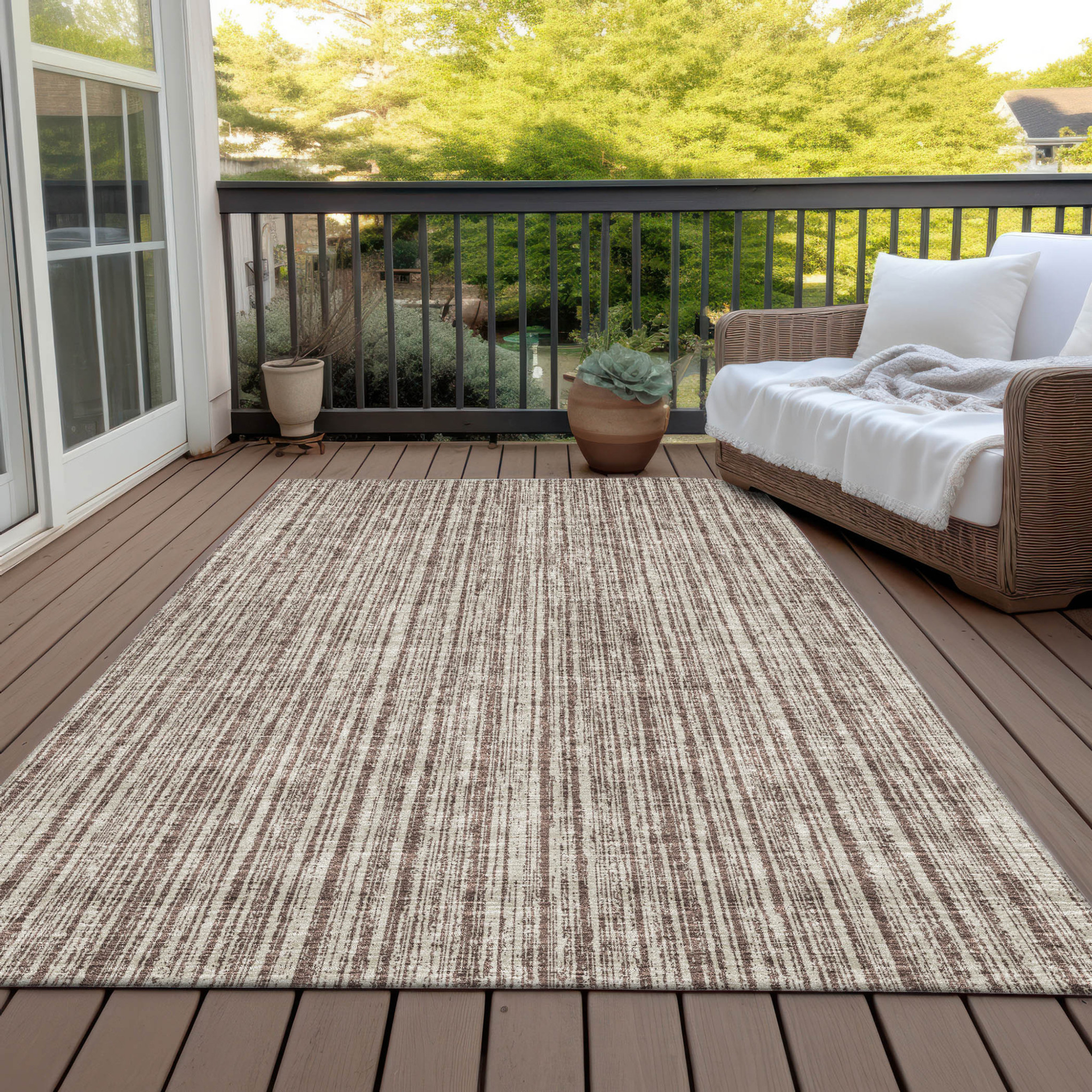 10' X 14' Brown And Ivory Striped Washable Indoor Outdoor Area Rug - 1 - Sports & Outdoor
