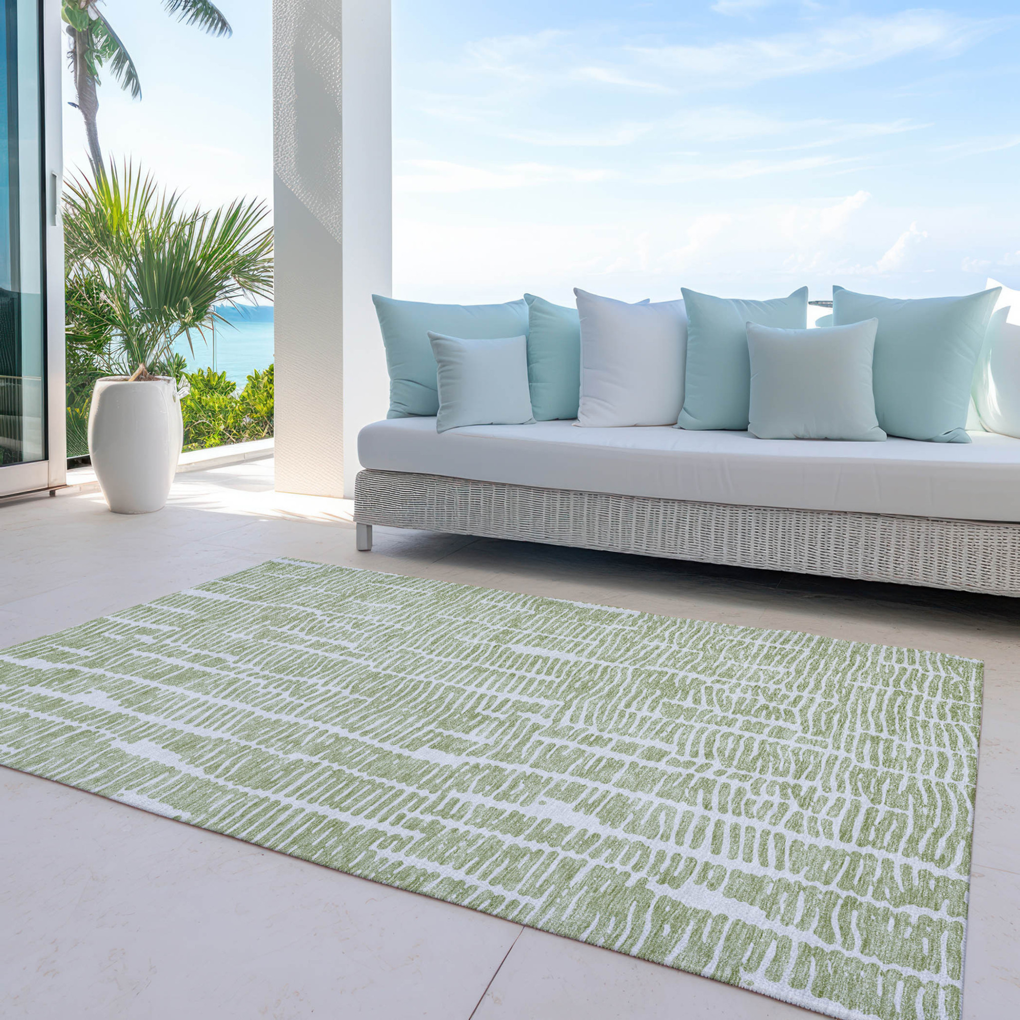 10' X 14' Artichoke Green And Ivory Abstract Washable Indoor Outdoor Area Rug - 1 - Sports & Outdoor