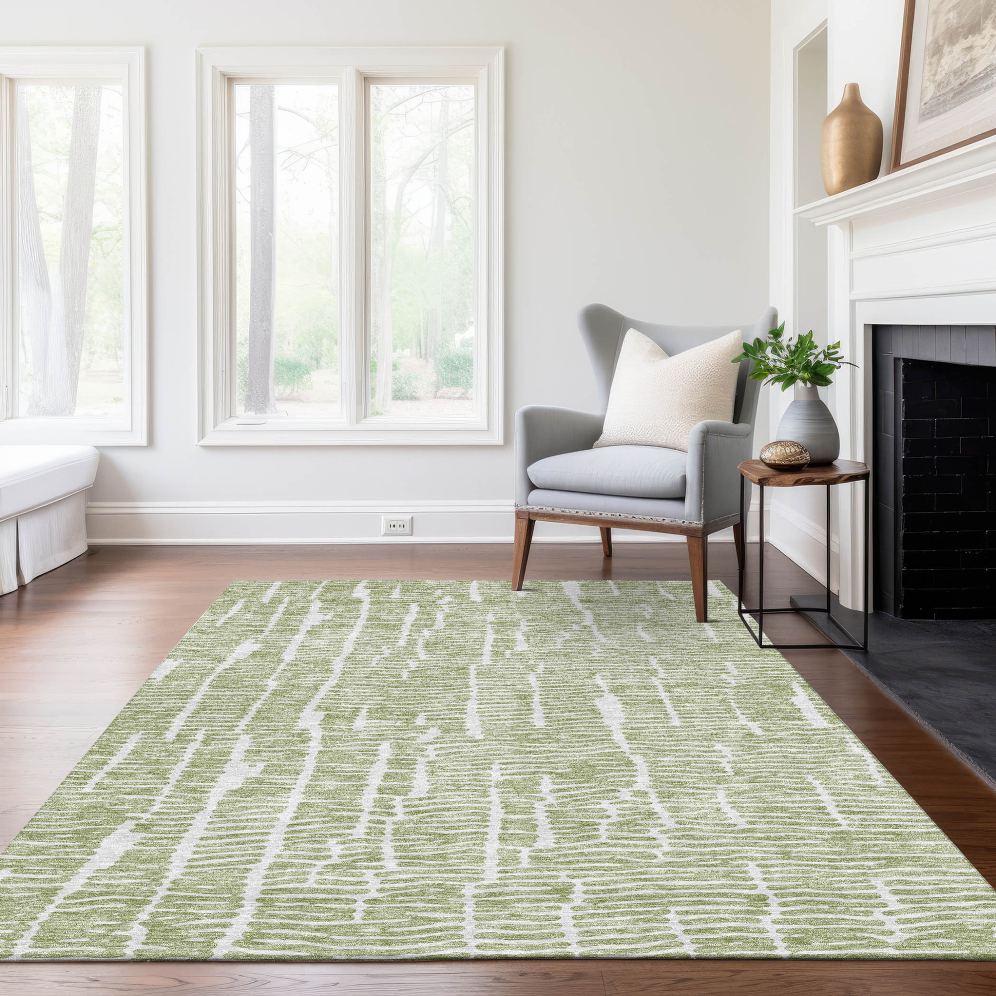 10' X 14' Artichoke Green And Ivory Abstract Washable Indoor Outdoor Area Rug - 1 - Sports & Outdoor