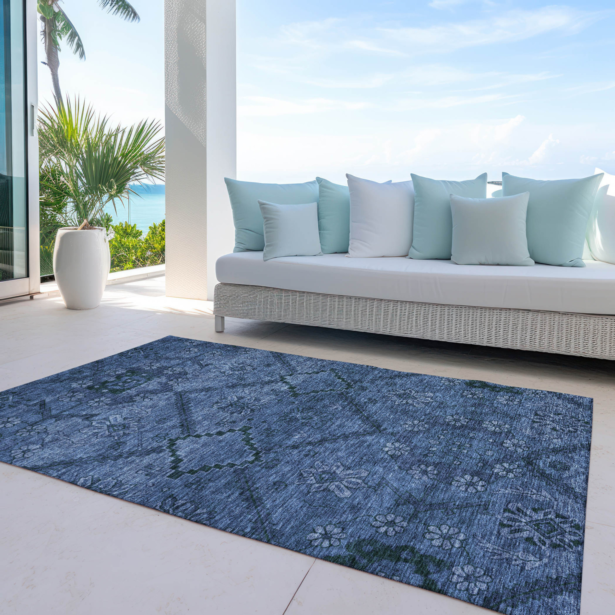 10' X 14' Navy Blue And Denim Blue Floral Washable Indoor Outdoor Area Rug - 1 - Sports & Outdoor