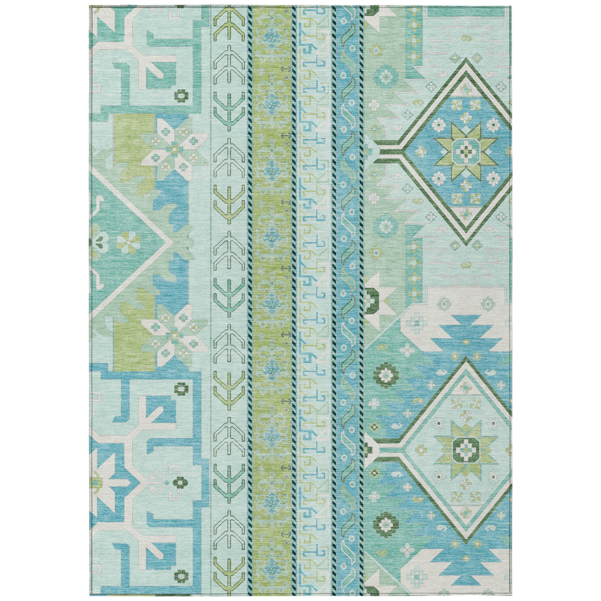 5' X 8' Mint Green Blue And Ivory Aztec Washable Indoor Outdoor Area Rug Sports & Outdoor