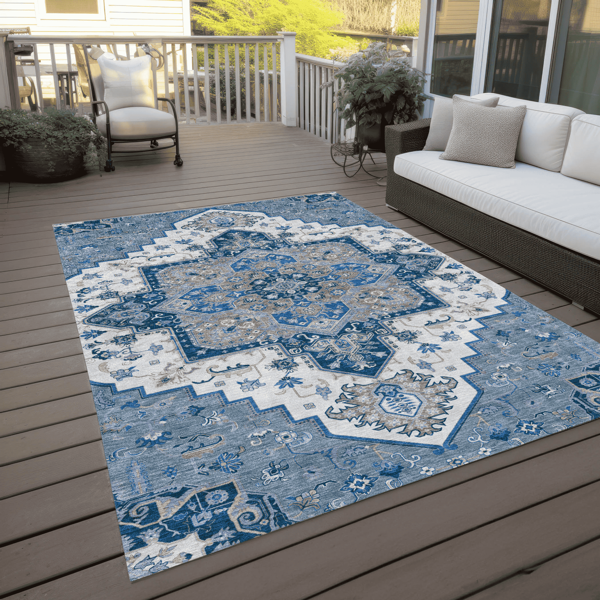 10' X 14' Blue Gray And Ivory Oriental Washable Indoor Outdoor Area Rug - 1 - Sports & Outdoor