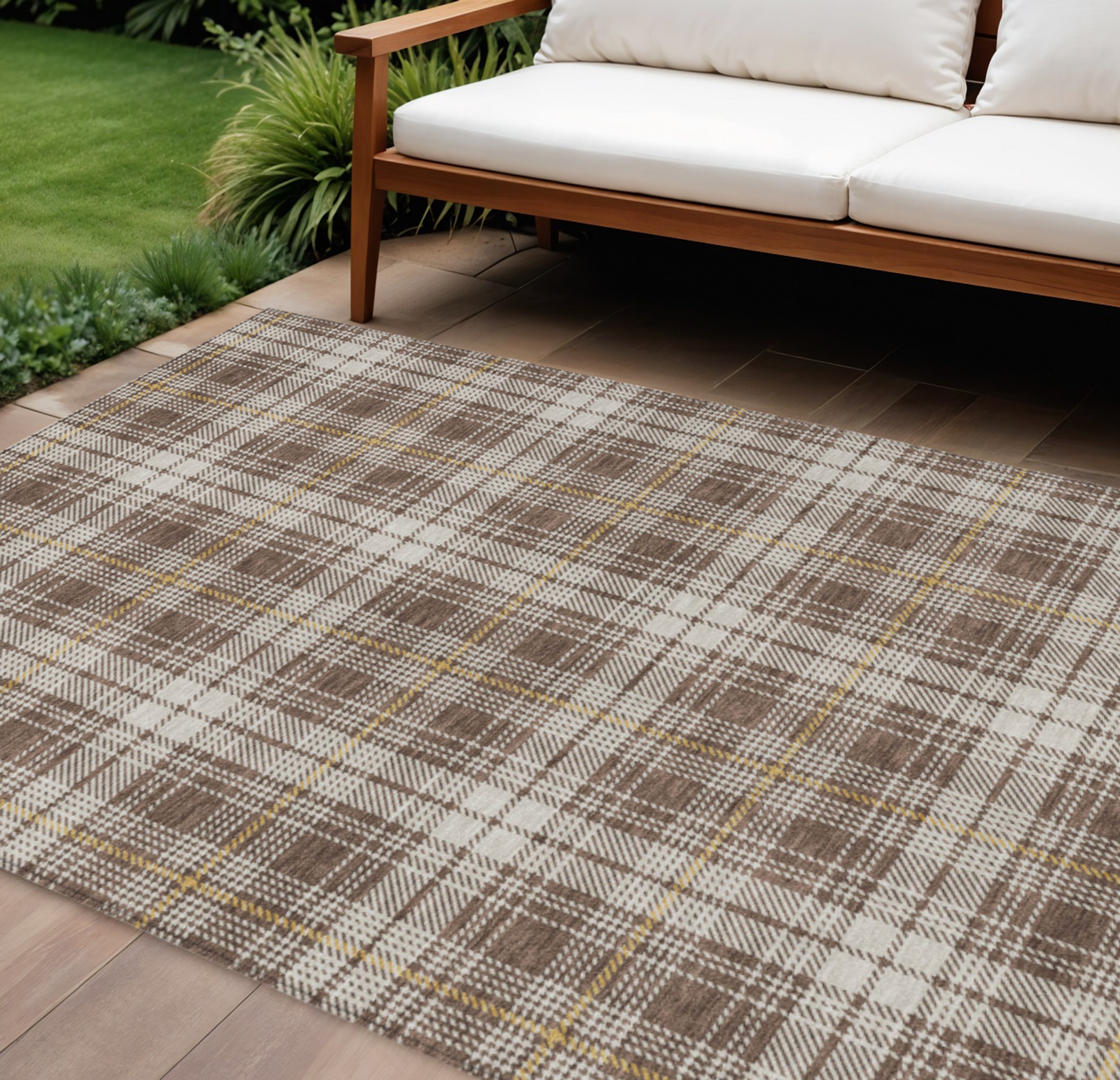 10' X 14' Brown Beige And Gold Plaid Washable Indoor Outdoor Area Rug - 1 - Sports & Outdoor