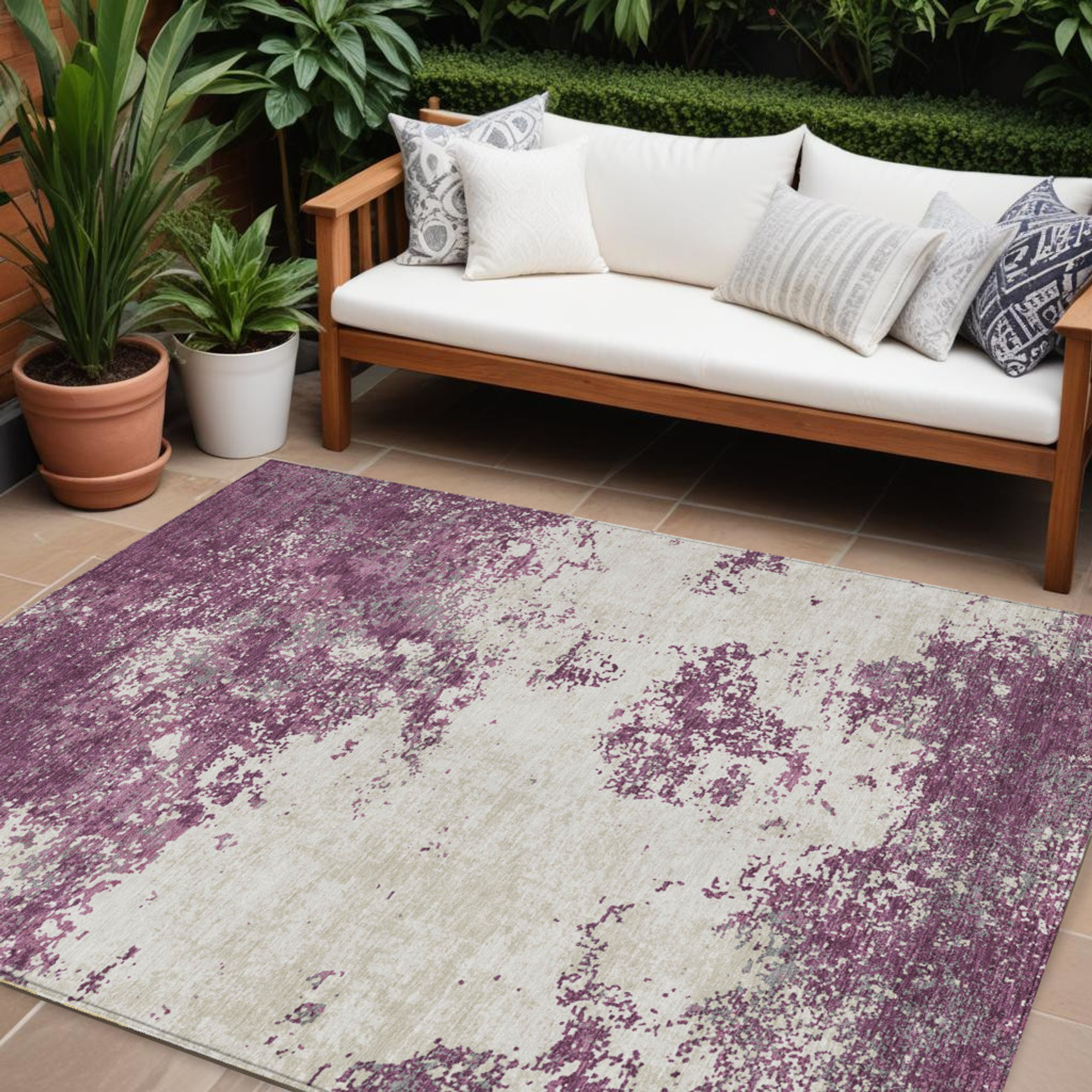 10' X 14' Eggplant Gray And Ivory Abstract Washable Indoor Outdoor Area Rug - 1 - Sports & Outdoor