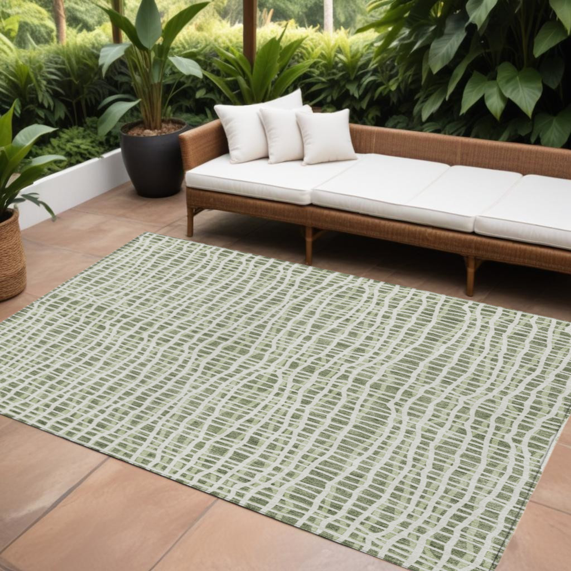 10' X 14' Green And Ivory Striped Washable Indoor Outdoor Area Rug - 1 - Sports & Outdoor