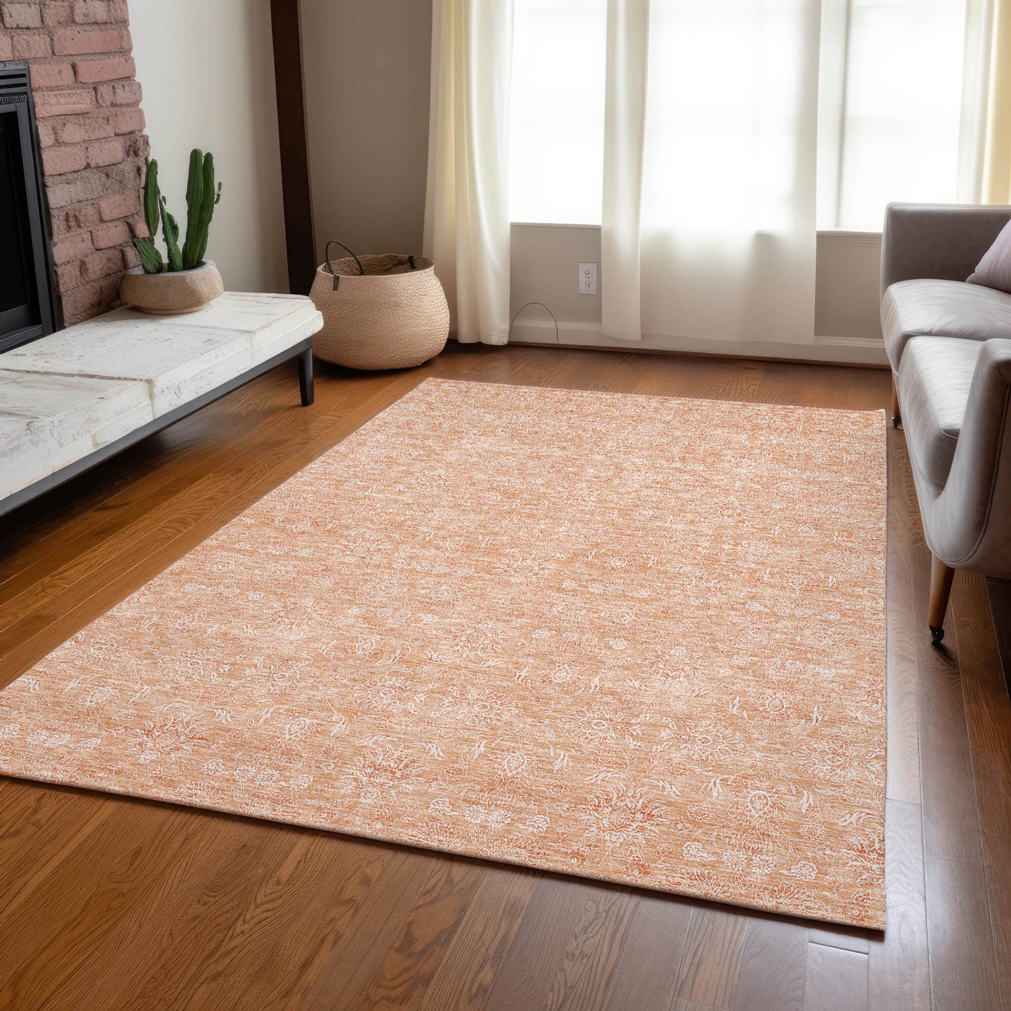 10' X 14' Peach And Ivory Floral Washable Indoor Outdoor Area Rug - 1 - Sports & Outdoor