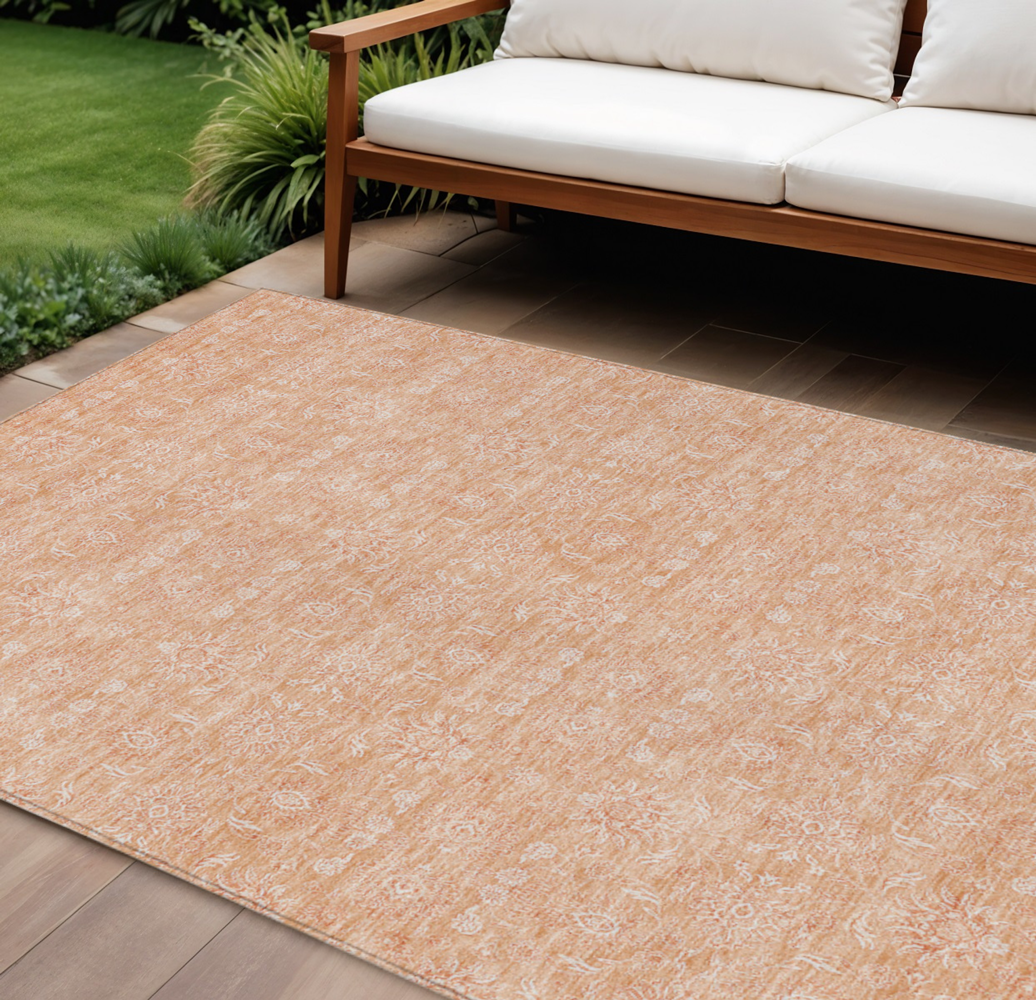 10' X 14' Peach And Ivory Floral Washable Indoor Outdoor Area Rug - 1 - Sports & Outdoor