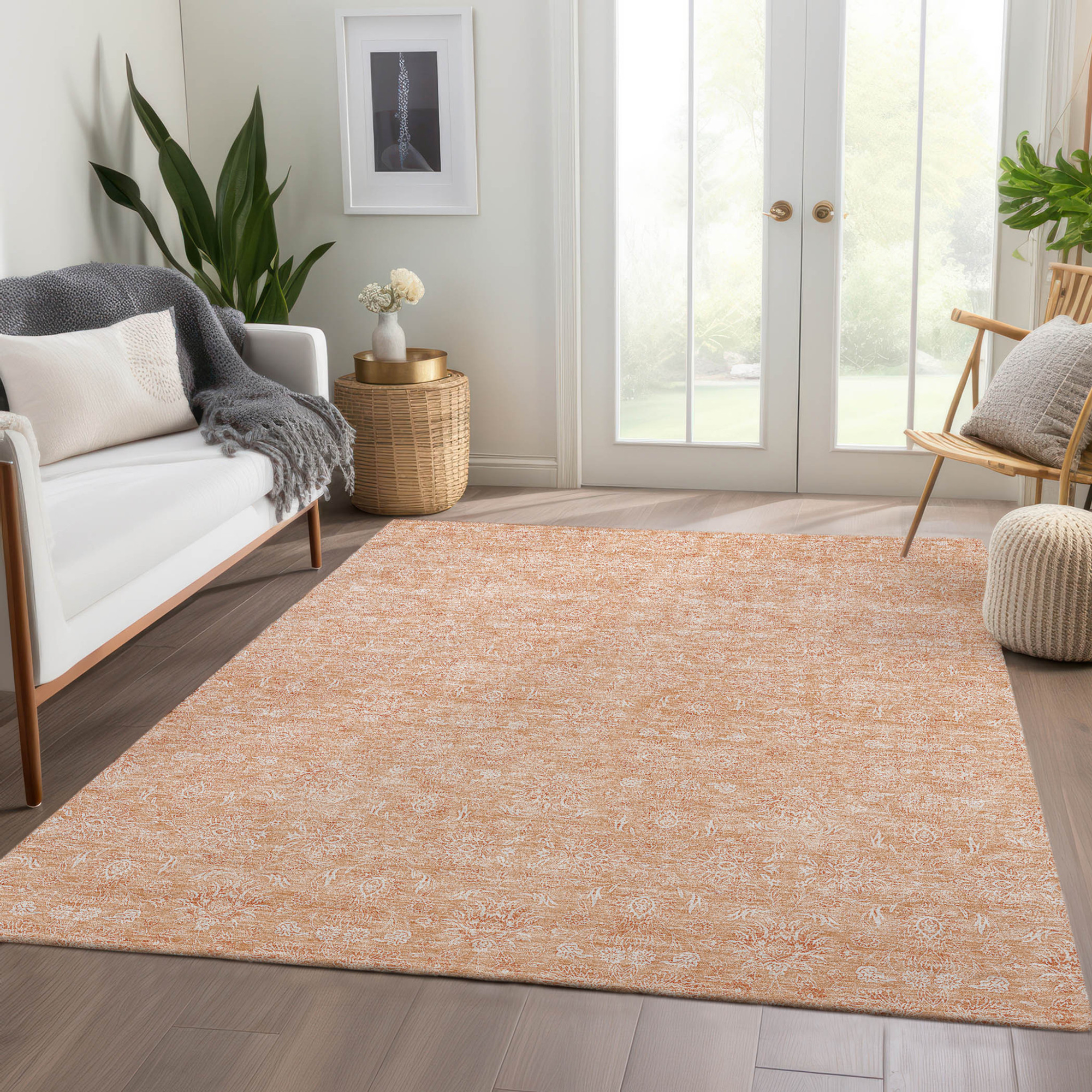 10' X 14' Peach And Ivory Floral Washable Indoor Outdoor Area Rug - 1 - Sports & Outdoor