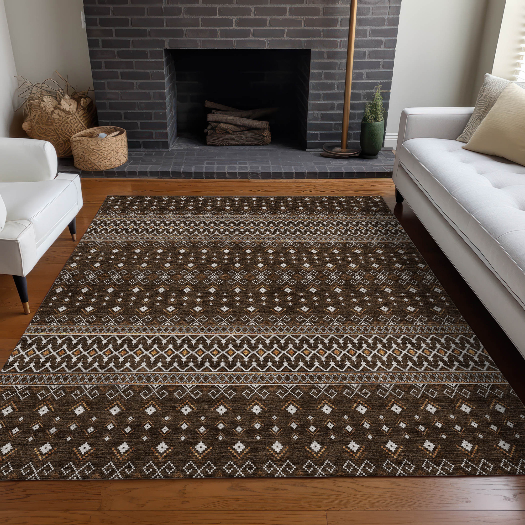 10' X 14' Chocolate Taupe And Copper Tribal Washable Indoor Outdoor Area Rug - 1 - Sports & Outdoor