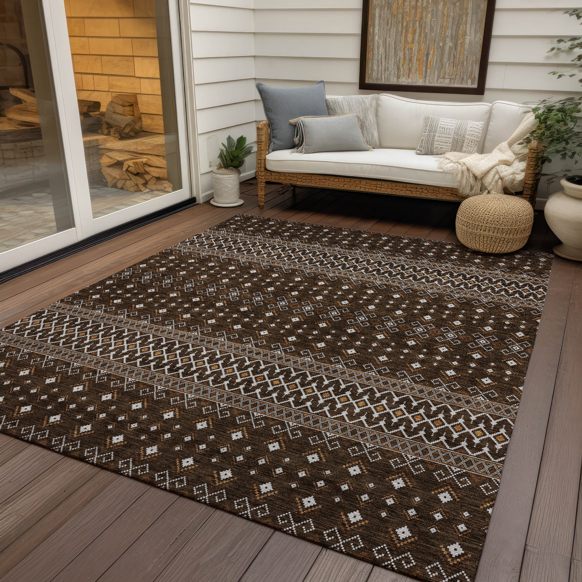 10' X 14' Chocolate Taupe And Copper Tribal Washable Indoor Outdoor Area Rug - 1 - Sports & Outdoor