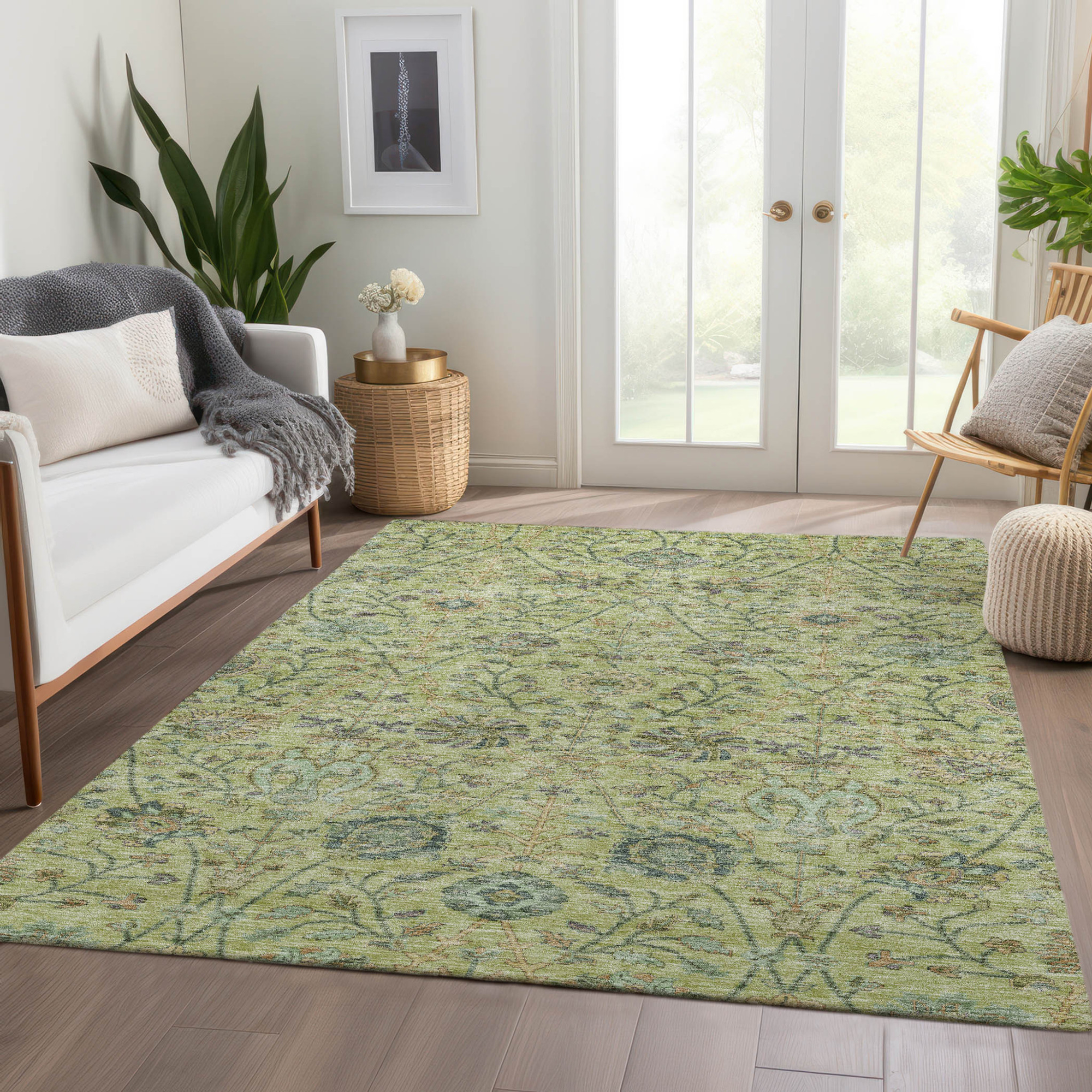 10' X 14' Mint Green Brown And Gray Floral Washable Indoor Outdoor Area Rug - 1 - Sports & Outdoor