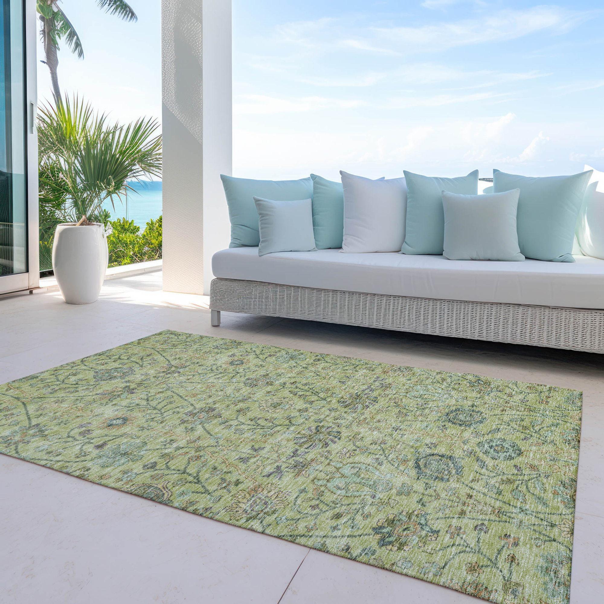 10' X 14' Mint Green Brown And Gray Floral Washable Indoor Outdoor Area Rug - 1 - Sports & Outdoor