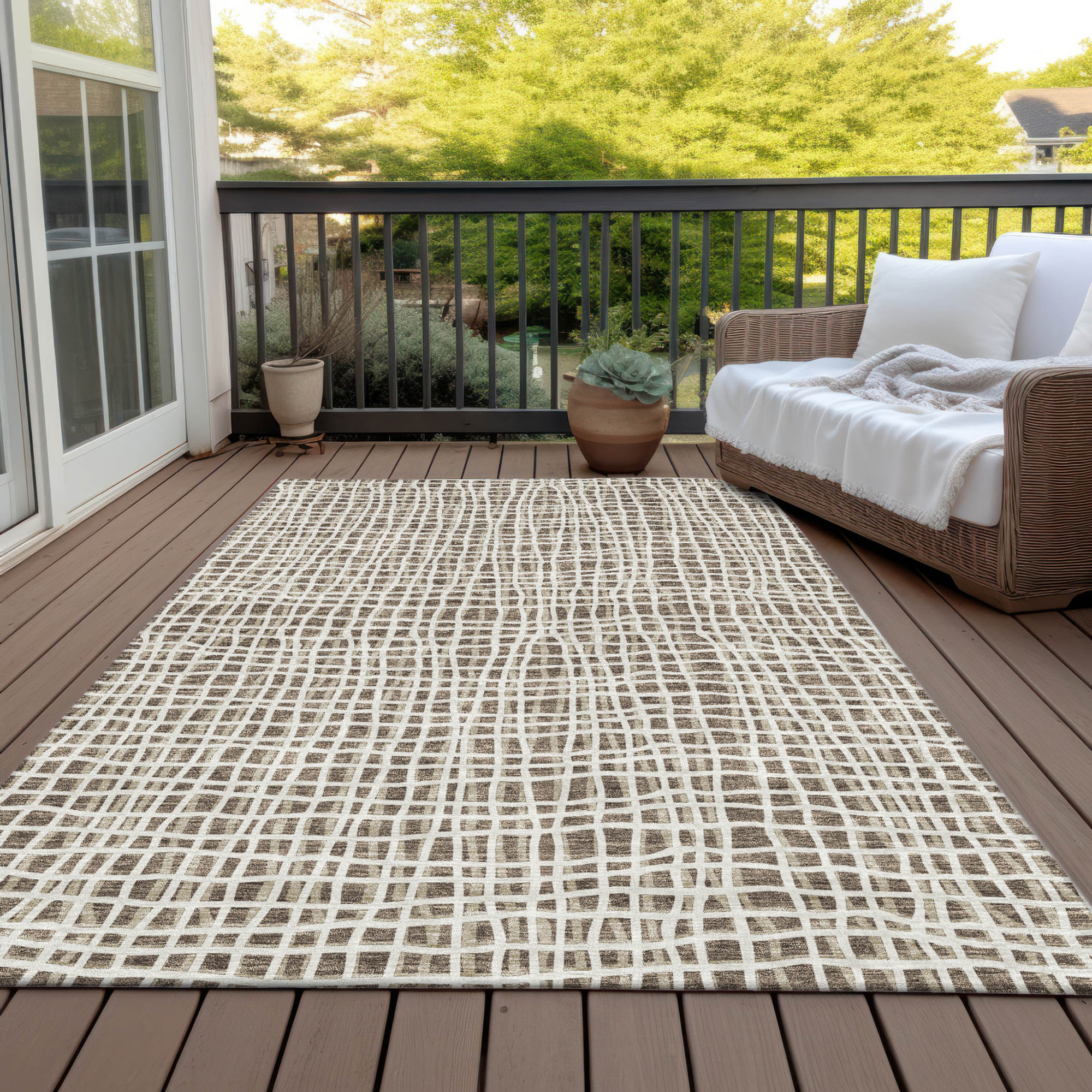 10' X 14' Brown Beige And Ivory Striped Washable Indoor Outdoor Area Rug - 1 - Sports & Outdoor