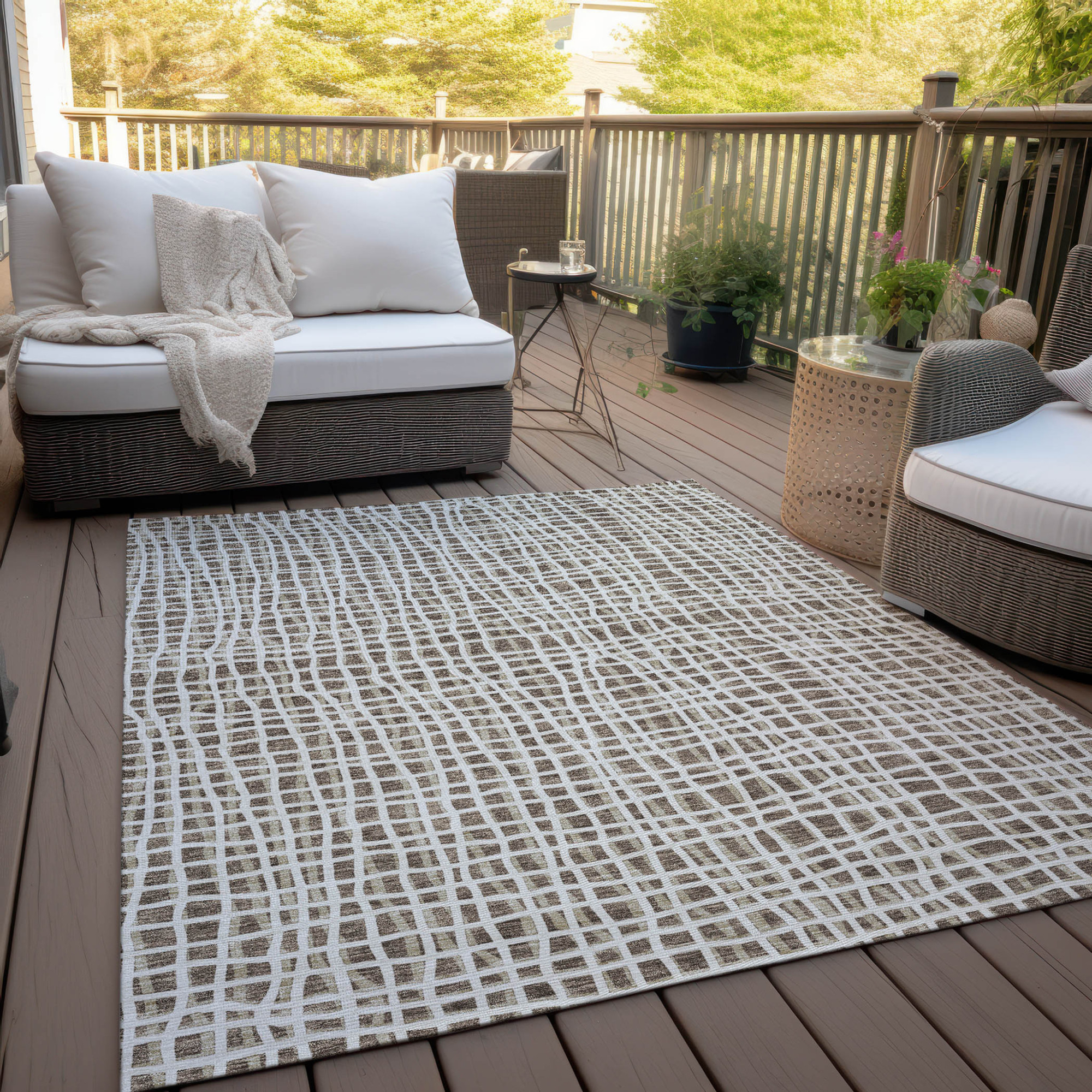 10' X 14' Brown Beige And Ivory Striped Washable Indoor Outdoor Area Rug - 1 - Sports & Outdoor
