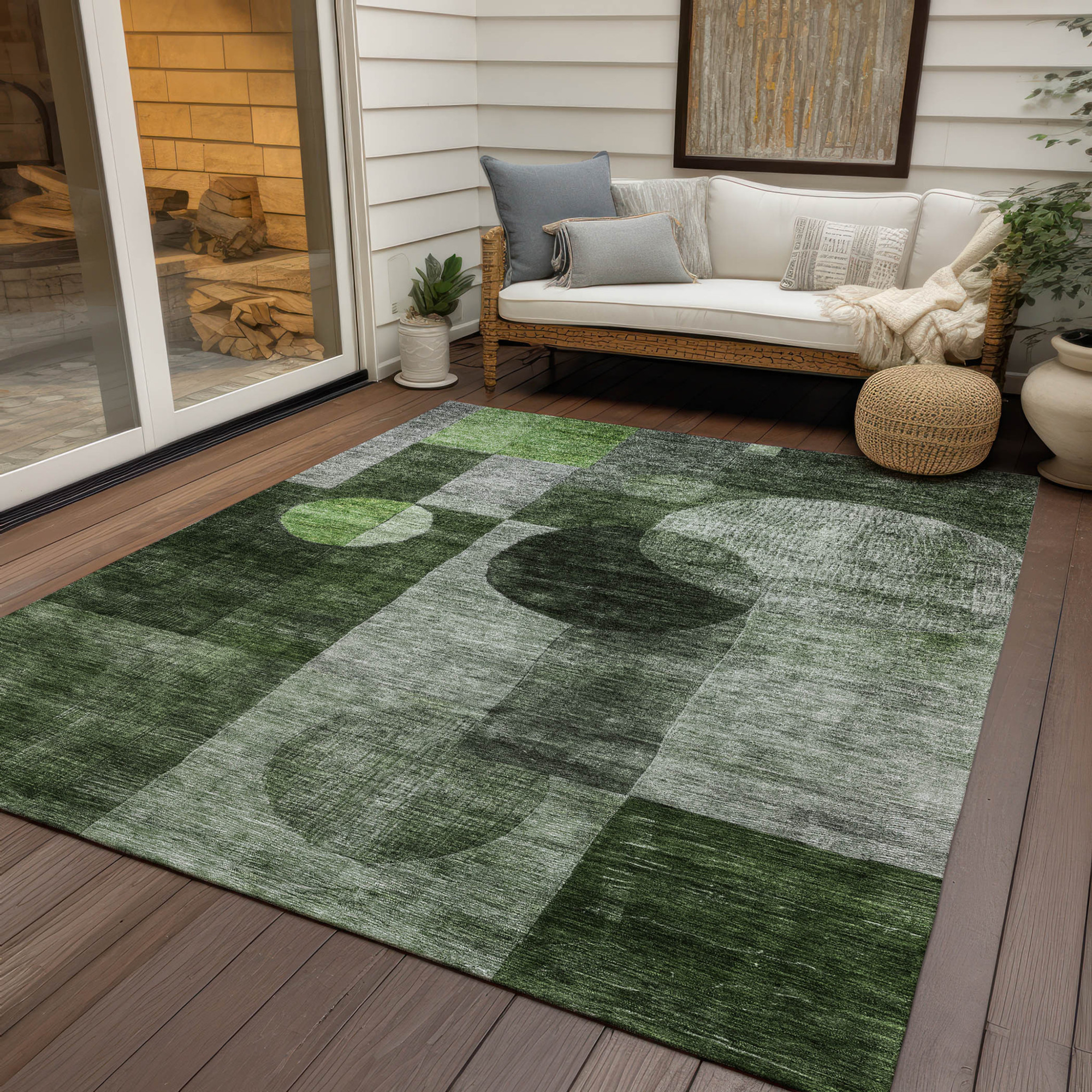 10' X 14' Fern Green And Gray Geometric Washable Indoor Outdoor Area Rug - 1 - Sports & Outdoor