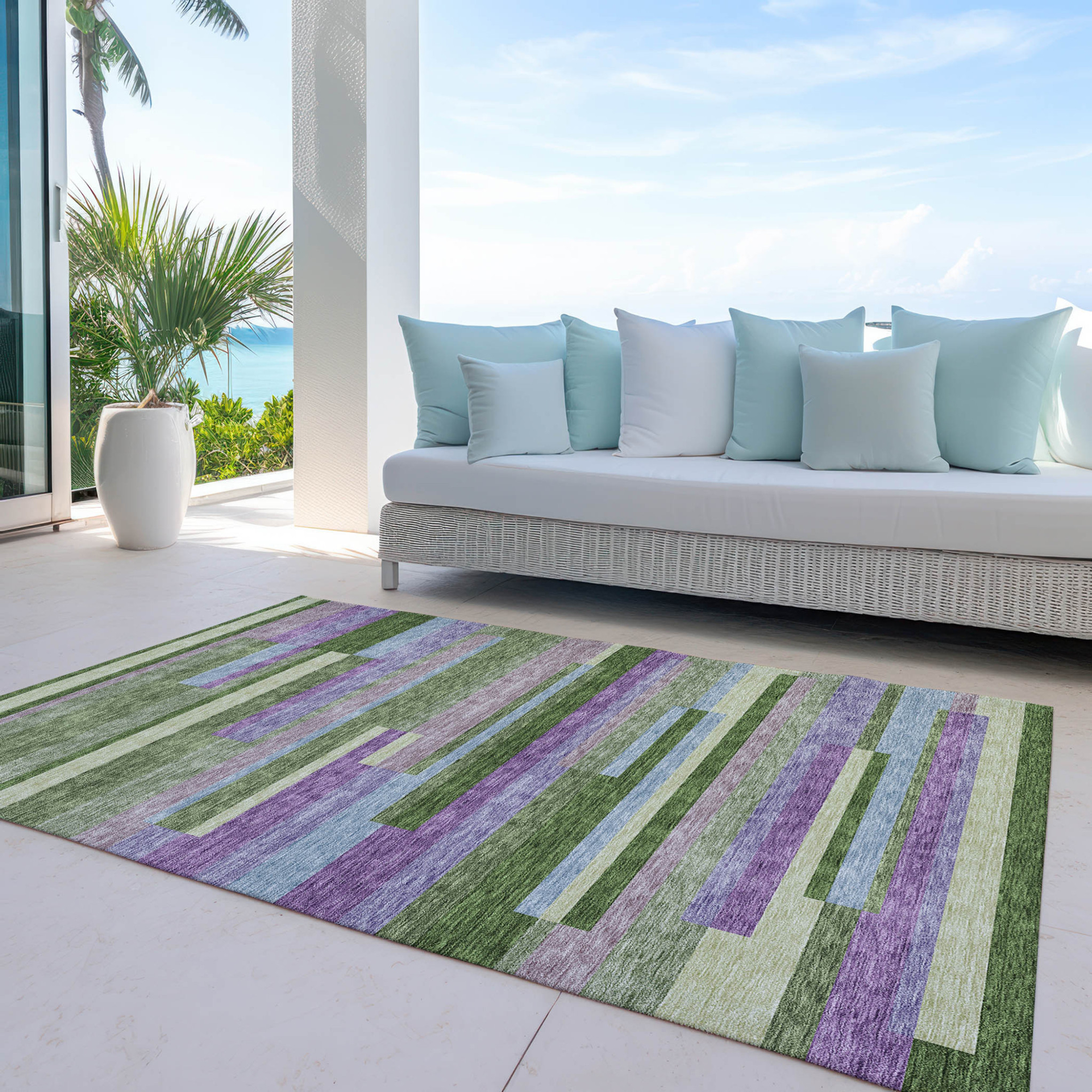 10' X 14' Moss Green Olive Green And Purple Striped Washable Indoor Outdoor Area Rug - 1 - Sports & Outdoor