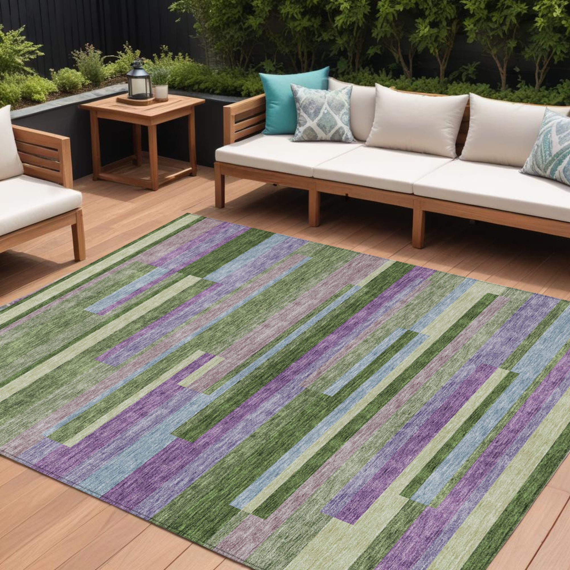 10' X 14' Moss Green Olive Green And Purple Striped Washable Indoor Outdoor Area Rug - 1 - Sports & Outdoor