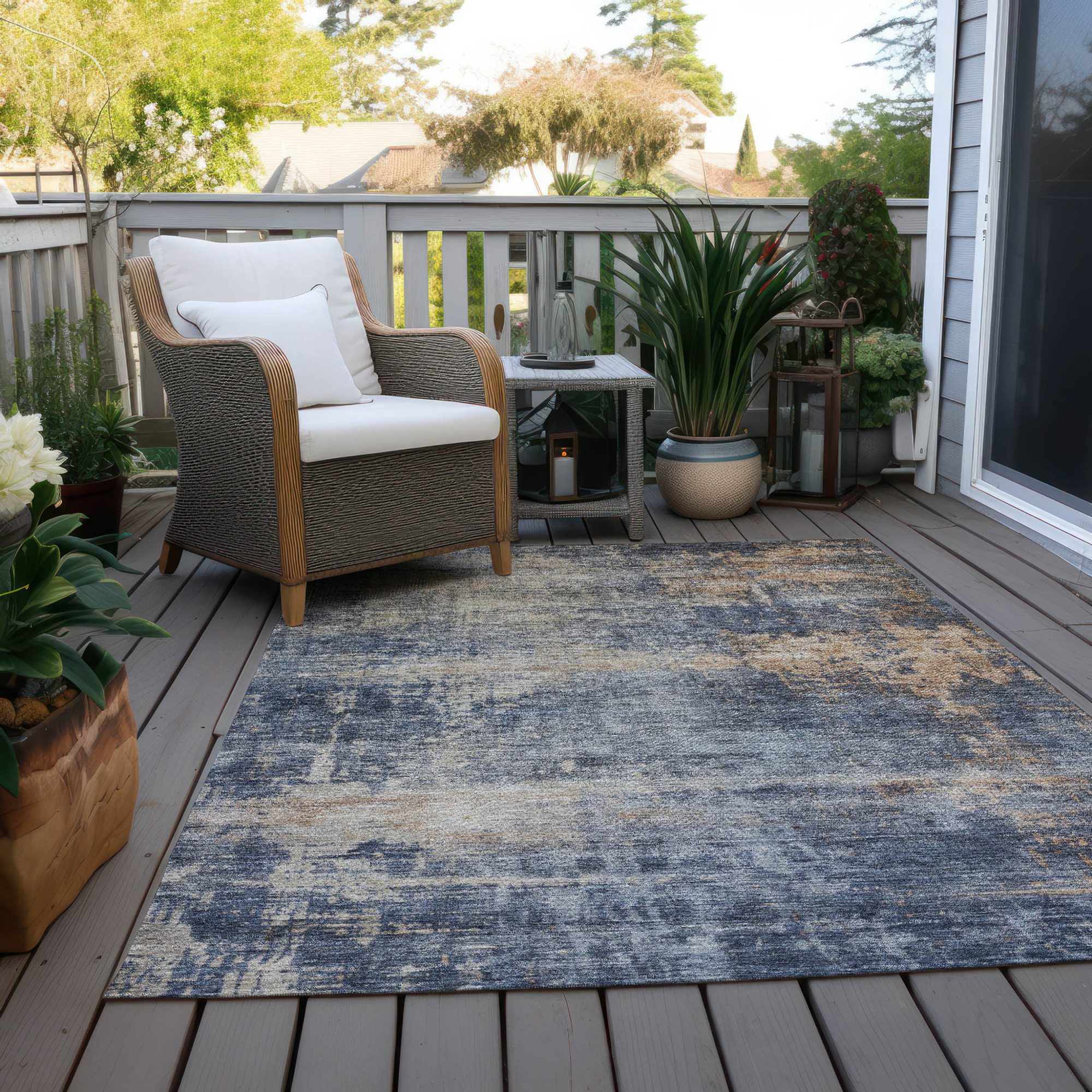10' X 14' Denim Blue And Tan Abstract Washable Indoor Outdoor Area Rug - 1 - Sports & Outdoor
