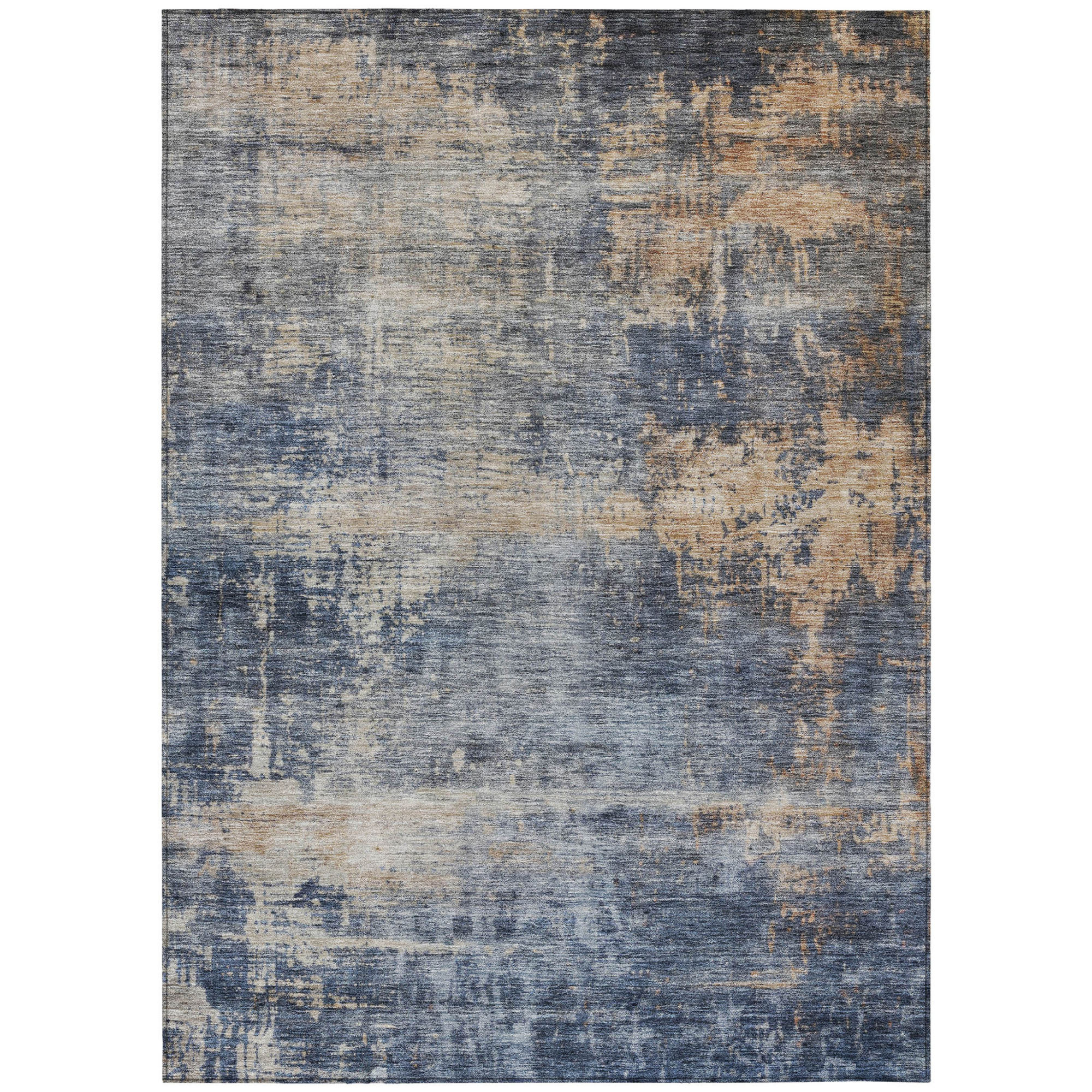10' X 14' Denim Blue And Tan Abstract Washable Indoor Outdoor Area Rug - 1 - Sports & Outdoor