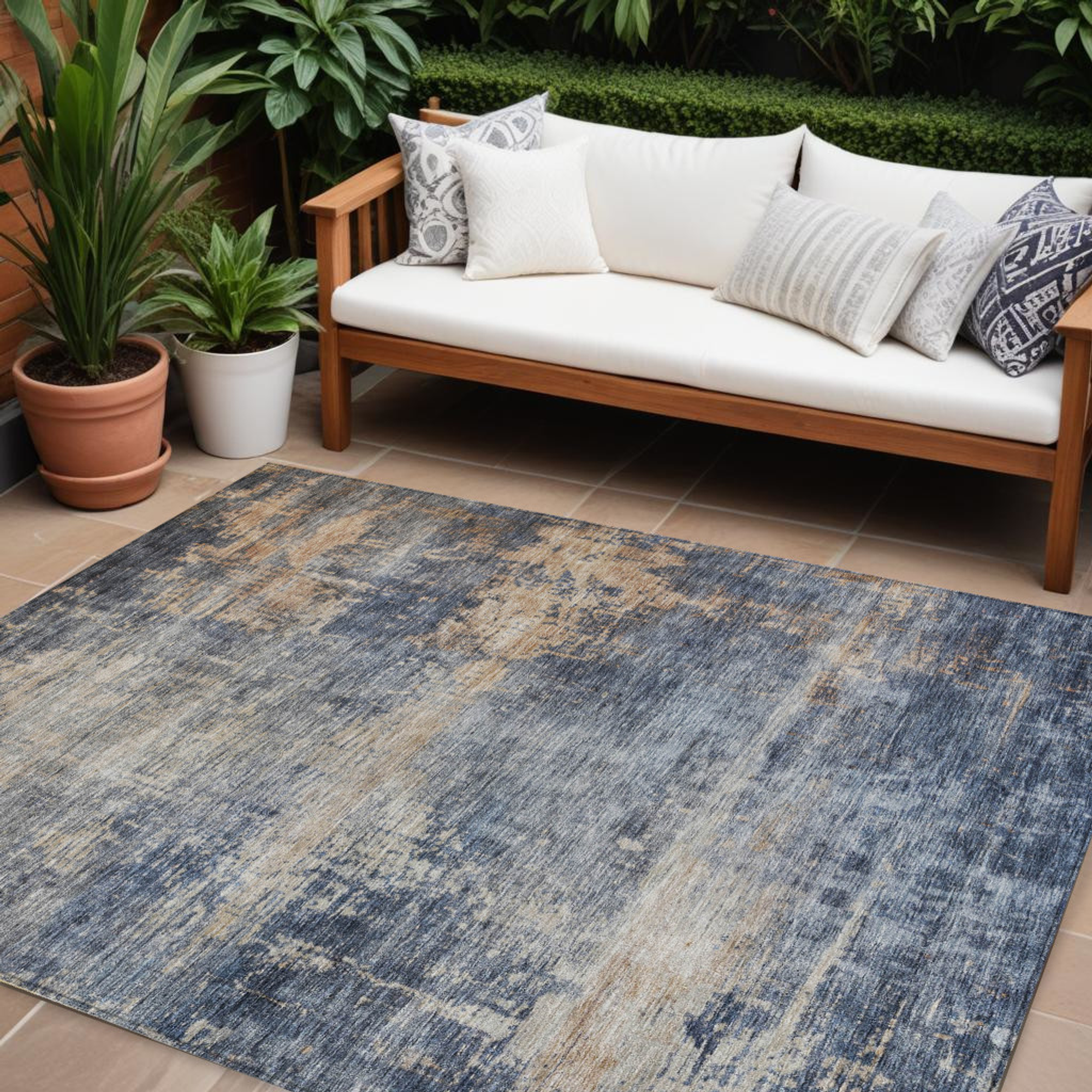 10' X 14' Denim Blue And Tan Abstract Washable Indoor Outdoor Area Rug - 1 - Sports & Outdoor
