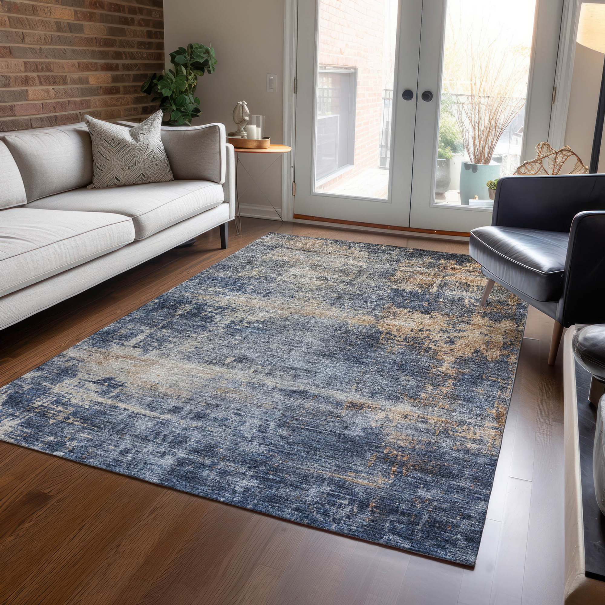 10' X 14' Denim Blue And Tan Abstract Washable Indoor Outdoor Area Rug - 1 - Sports & Outdoor