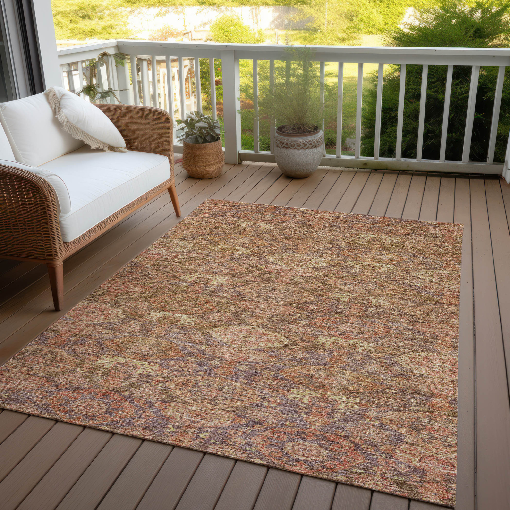 10' X 14' Brown And Tan Damask Washable Indoor Outdoor Area Rug - 1 - Sports & Outdoor