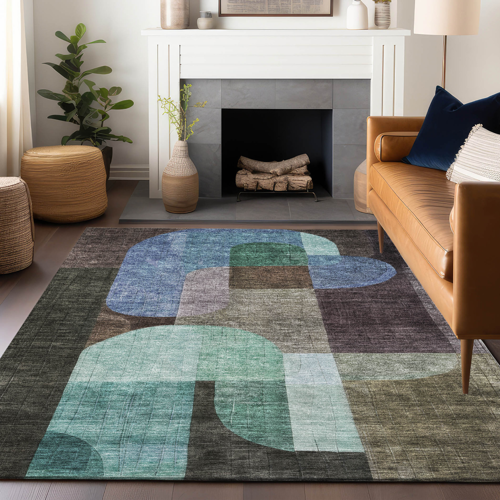 10' X 14' Brown Blue And Green Abstract Washable Indoor Outdoor Area Rug - 1 - Sports & Outdoor