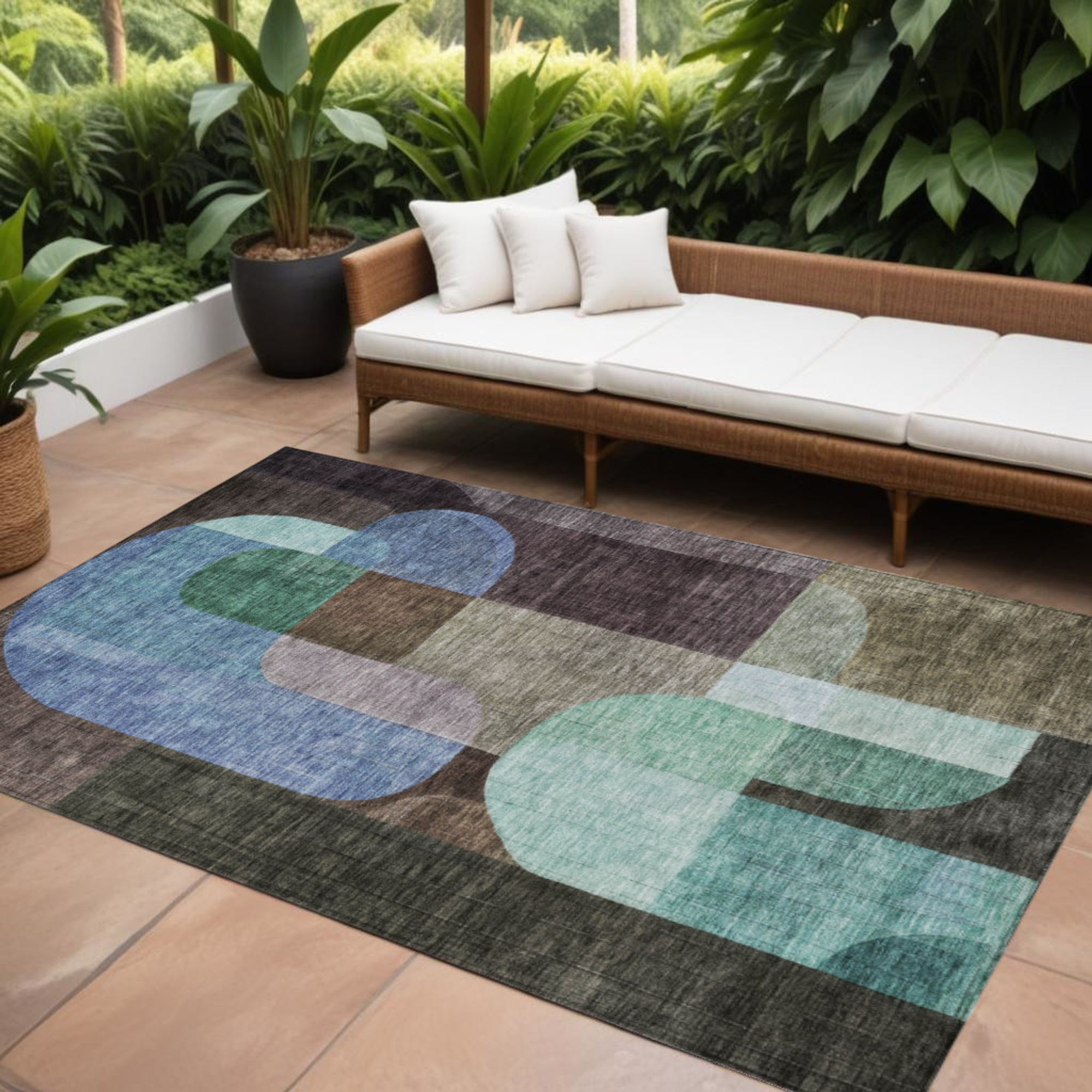 10' X 14' Brown Blue And Green Abstract Washable Indoor Outdoor Area Rug - 1 - Sports & Outdoor