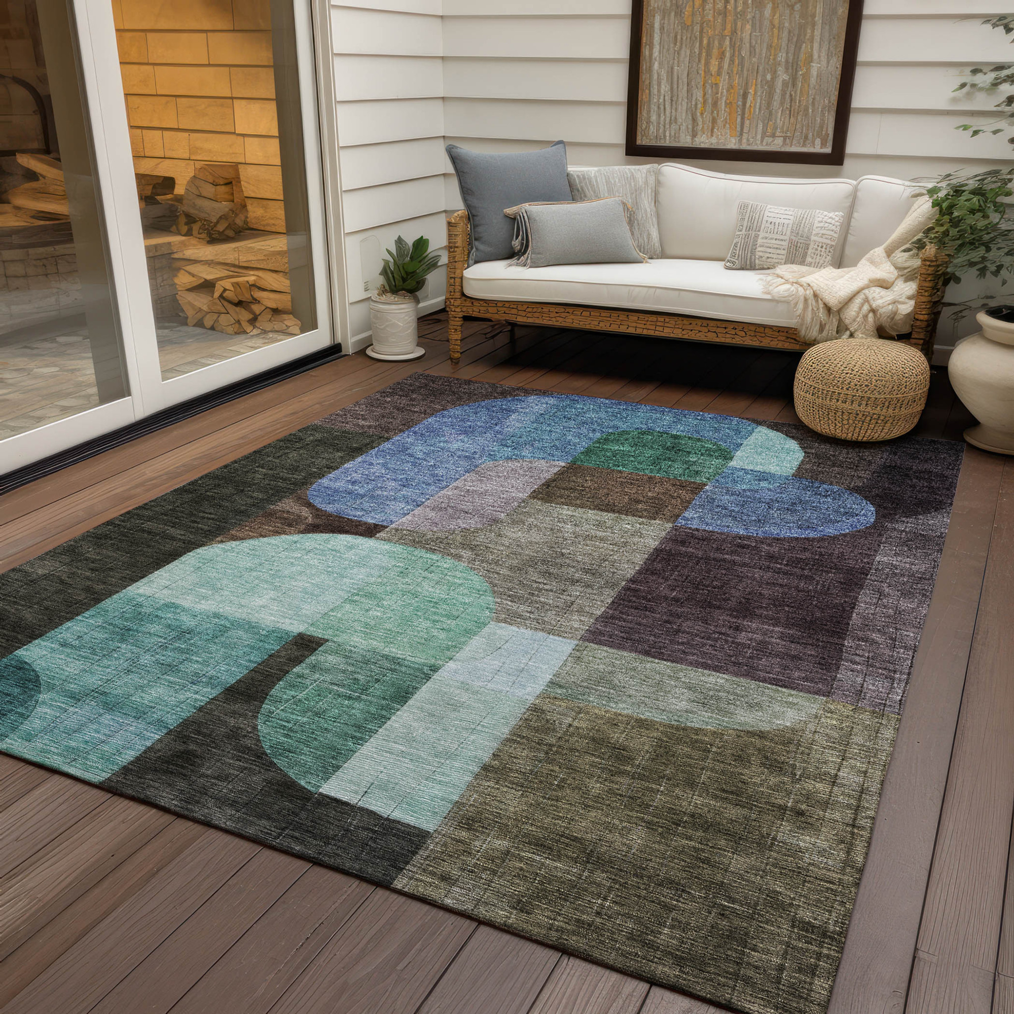 10' X 14' Brown Blue And Green Abstract Washable Indoor Outdoor Area Rug - 1 - Sports & Outdoor