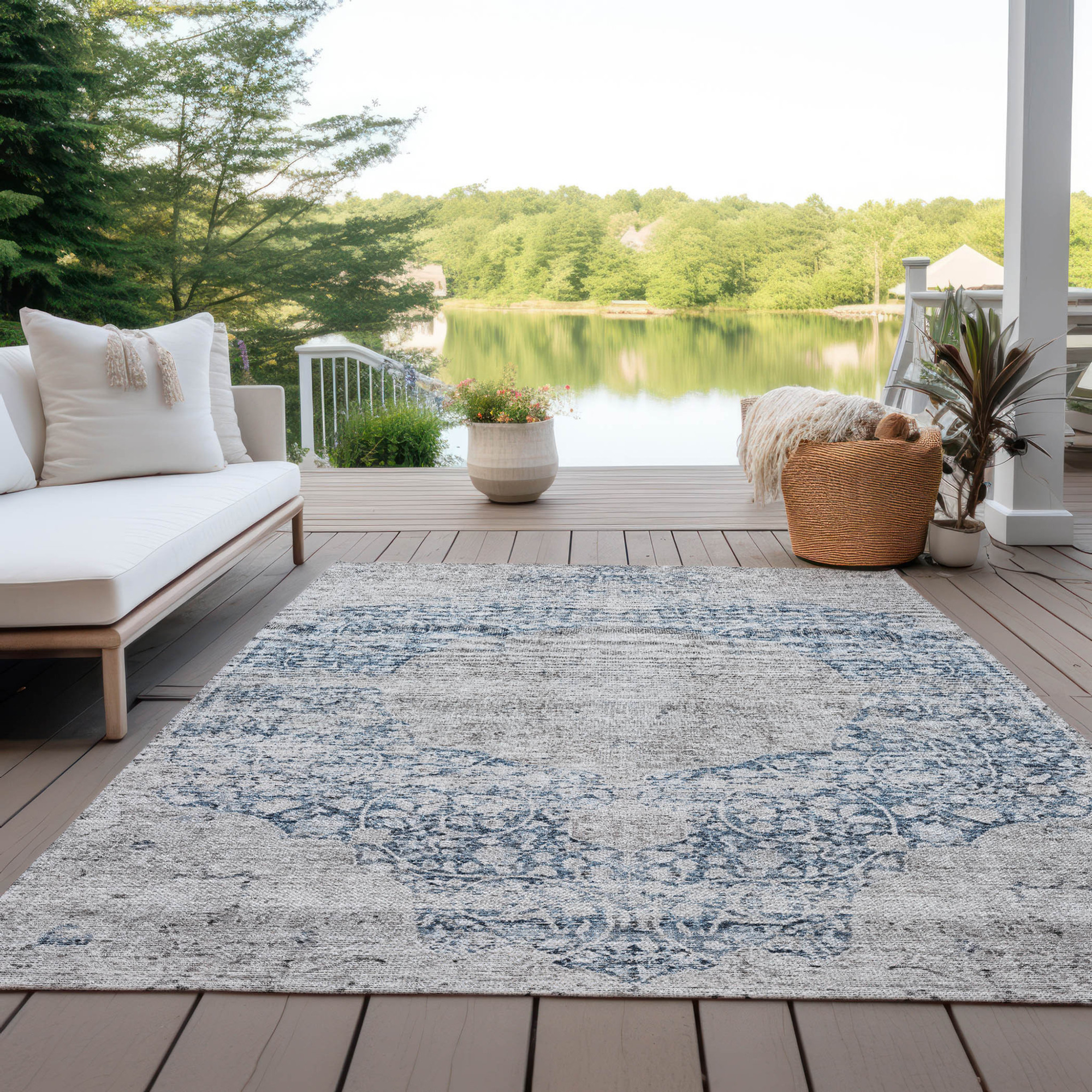 10' X 14' Blue And Ivory Oriental Washable Indoor Outdoor Area Rug - 1 - Sports & Outdoor