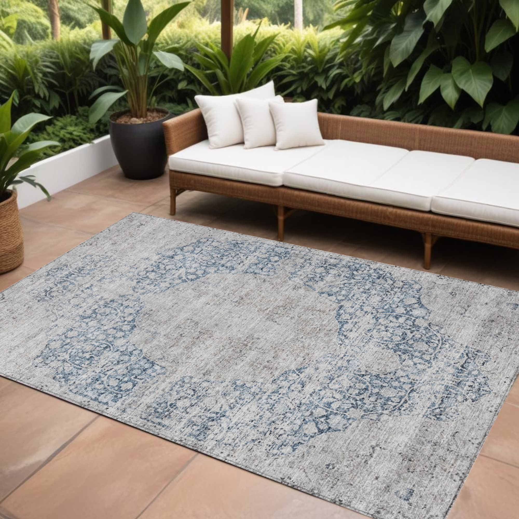 10' X 14' Blue And Ivory Oriental Washable Indoor Outdoor Area Rug - 1 - Sports & Outdoor