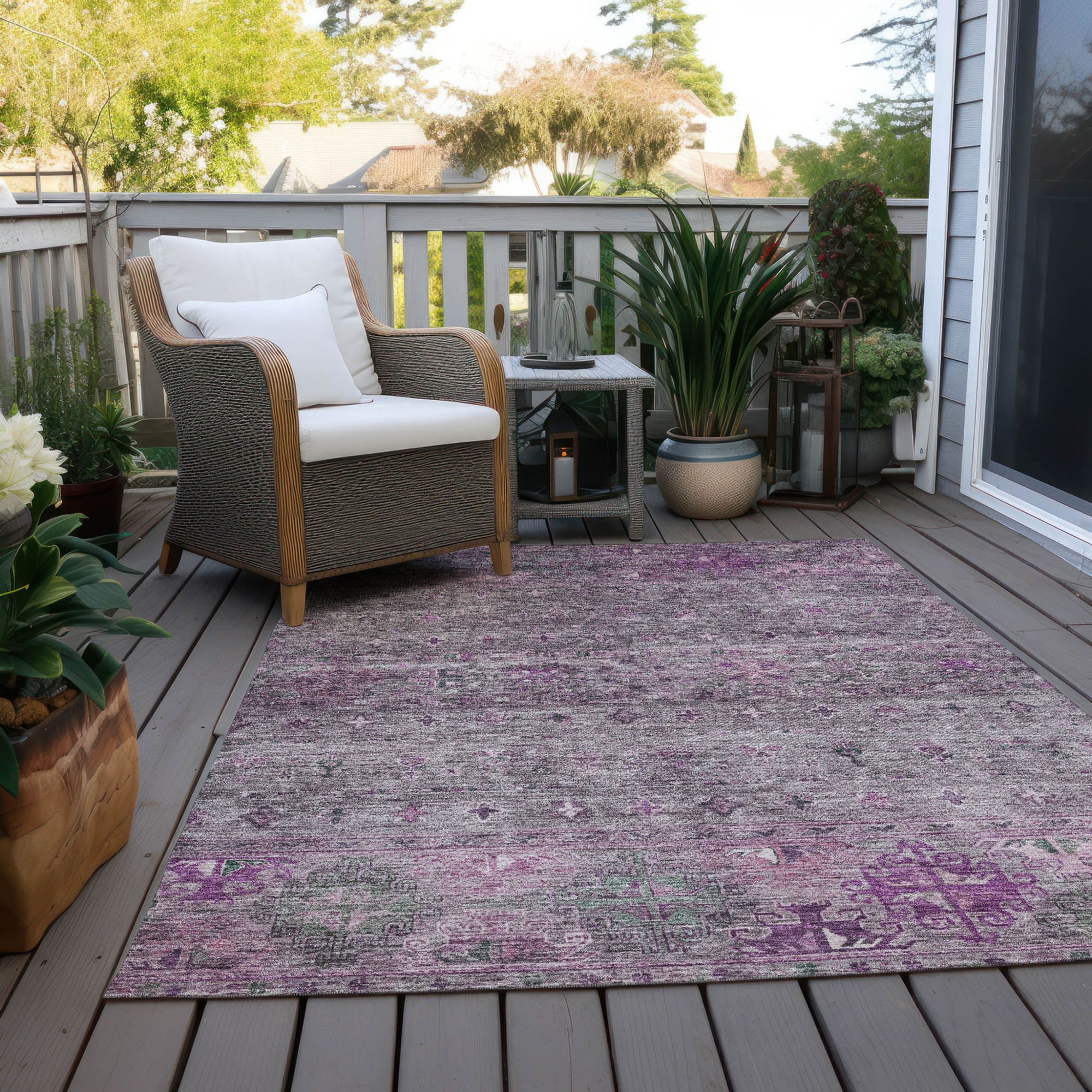 10' X 14' Purple And Gray Floral Washable Indoor Outdoor Area Rug - 1 - Sports & Outdoor