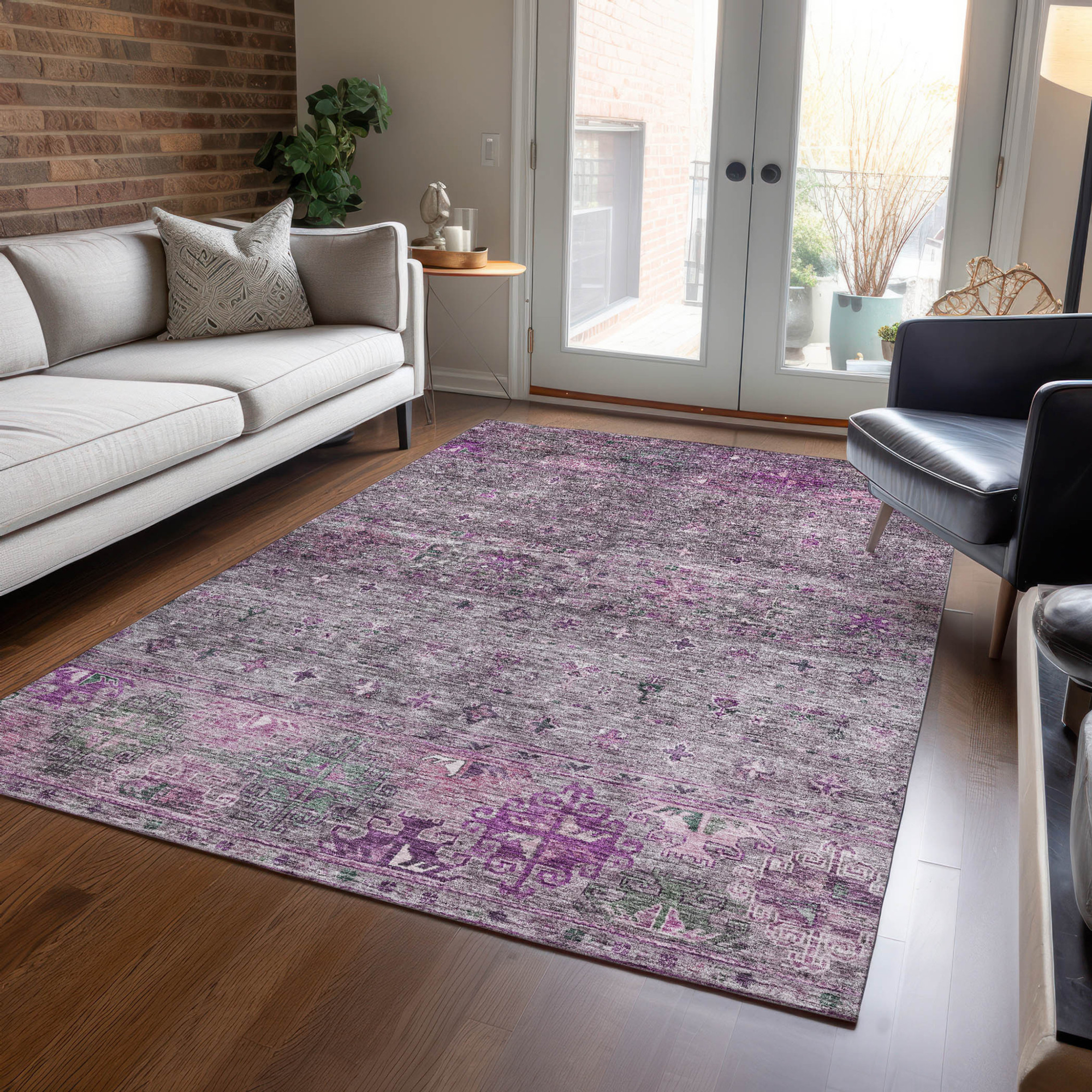 10' X 14' Purple And Gray Floral Washable Indoor Outdoor Area Rug - 1 - Sports & Outdoor